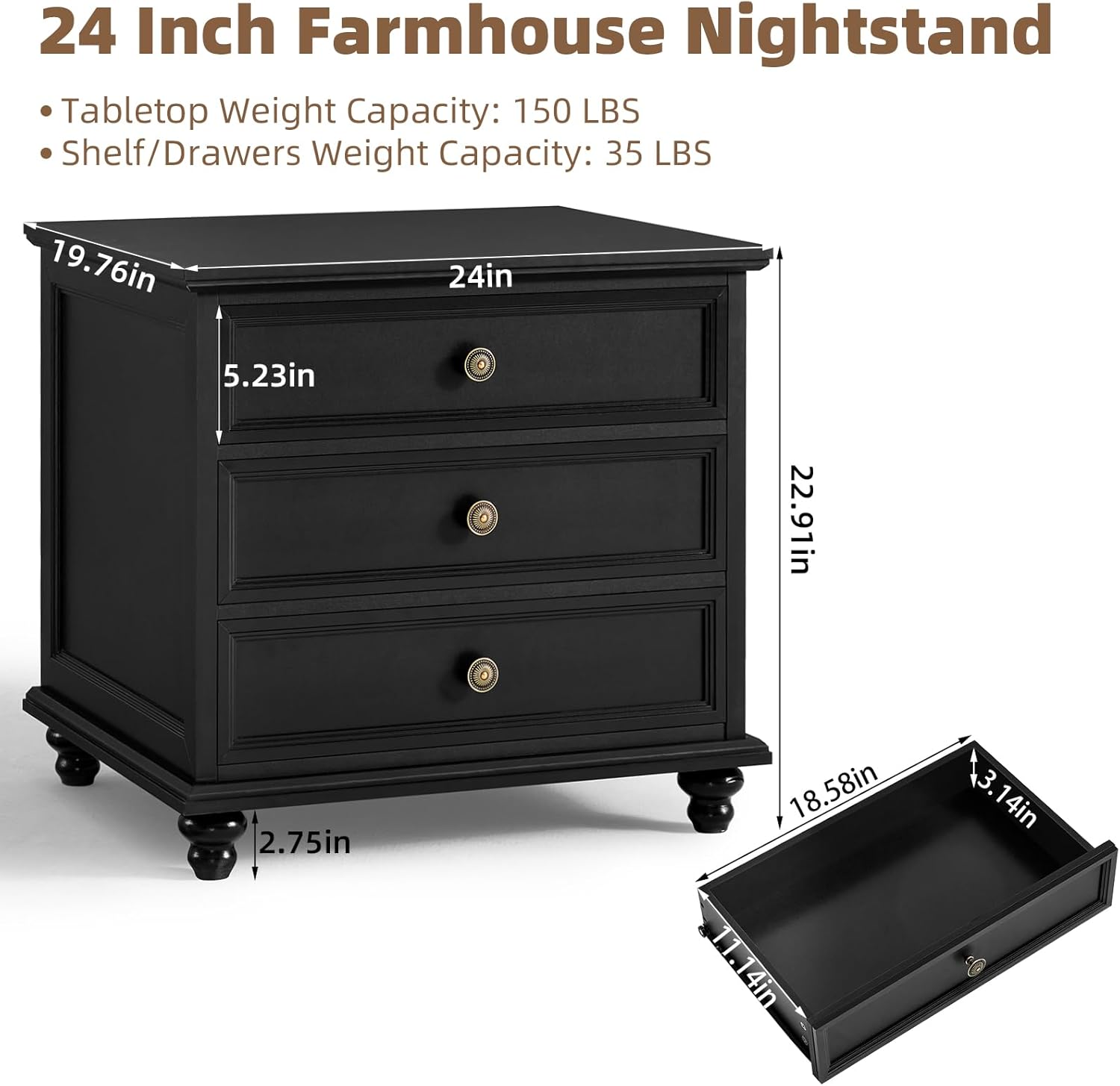 24" Wide Farmhouse Night Stand,Large End Table with 3 Drawers & Metal Handle,Dresser for Bedroom, Wood Bed Side Table Chest of Drawers Cabinet, Retro Brown Nightstand for Living Room,Closet