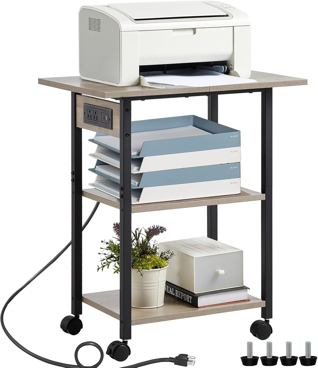 3-Tier Printer Stand with Charging Station, Industrial Mobile Printer Table with Storage Shelf and Steel Frame, Rolling Printer Cart Holder with Lockable Wheels for Home, Office