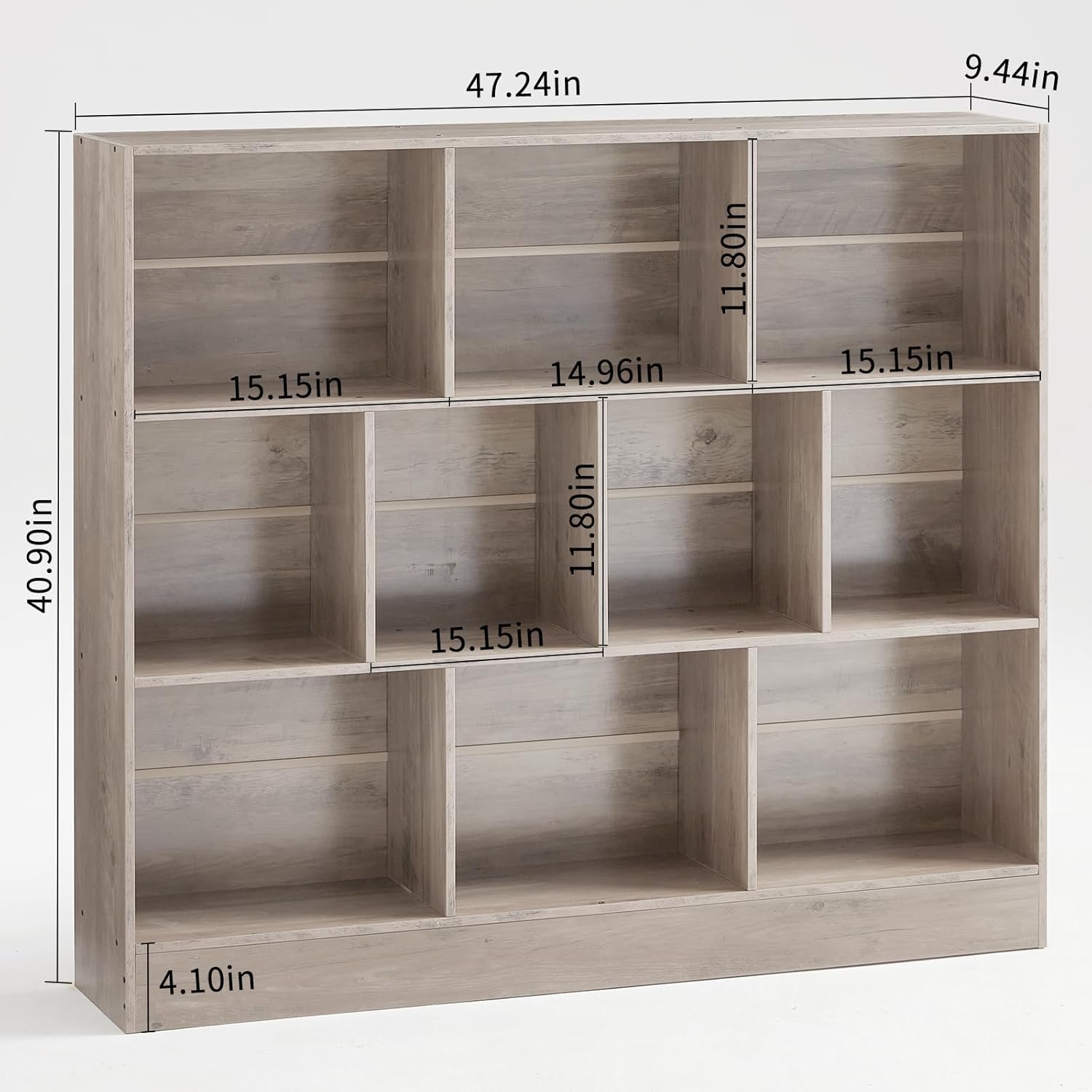 0 Cube Bookshelf with Base,3 Tier Mid-Century Modern Grey Bookcase,Standing Wide Bookshelves Storage Organizer Shelf,Rustic Wood Display Cabinet Book Shelves for Bedroom,Living Room,Office