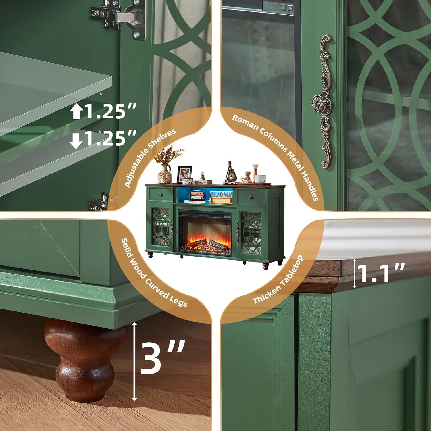 Farmhouse Fireplace TV Stand, 59" Entertainment Center with Electric Fireplace & LED Lights for TVs up to 65'', Glass Door Fire Place TV Stands for Living Room, Media Console w/Drawers,Green