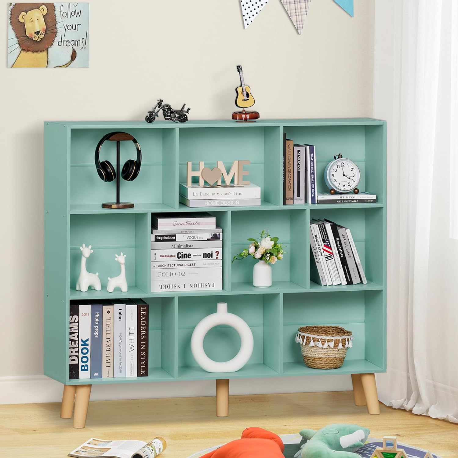 10 Cube Bookshelf,3 Tier Modern Wide Bookcase with Legs,Mid-Century Wood Bookshelves Storage,Large Book Case,Freestanding Organizer Display Shelf for Bedroom,Living Room,Office