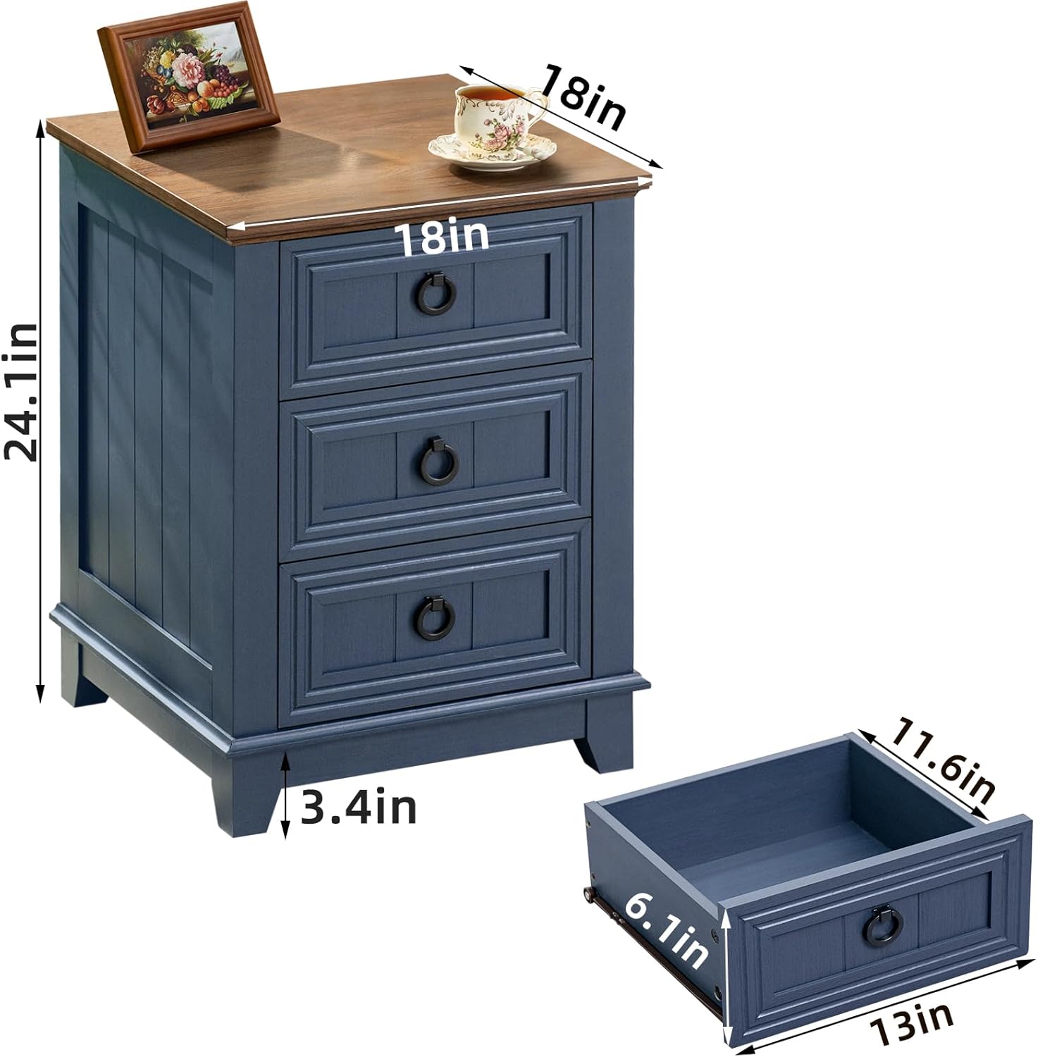 18" Farmhouse Night Stands Set of 2 with 3 Drawers, Wood Bedside End Table, Natural Nightstand, Bed Side Table Cabinet with Metal Handle for Bedroom Living Room, Closet