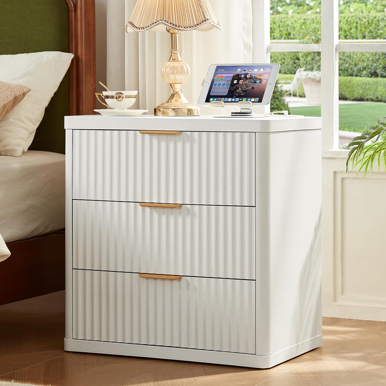 23" Wide Fluted Night Stand with Charging Station,3 Drawers Large End Table with Storage,White Nightstand Wood Bedside Tables, Farmhouse Cabinet Dresser for Bedroom,Closet