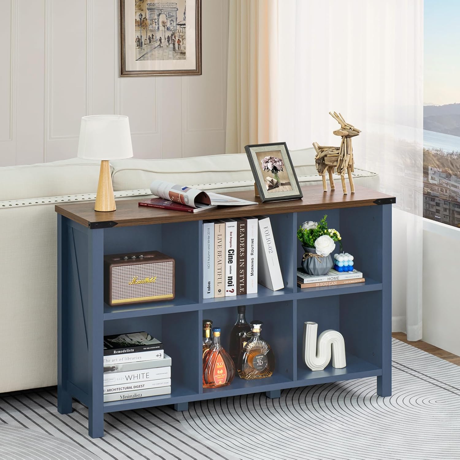 1-1 6 Cube Bookcase, Farmhouse Wood Low Storage Organizer Book Shelf, 47" Horizontal Navy Blue Console Bookshelf with Legs, Hallway Book Case for Entryway, Display Cabinet for Living Room, Office