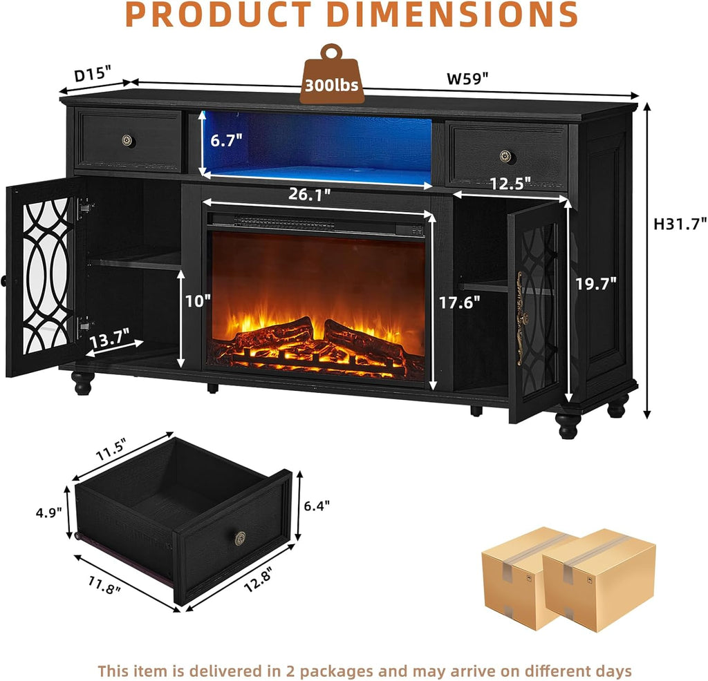 Farmhouse Fireplace TV Stand, 59" Entertainment Center with Electric Fireplace & LED Lights for TVs up to 65'', Glass Door Fire Place TV Stands for Living Room, Media Console w/Drawers