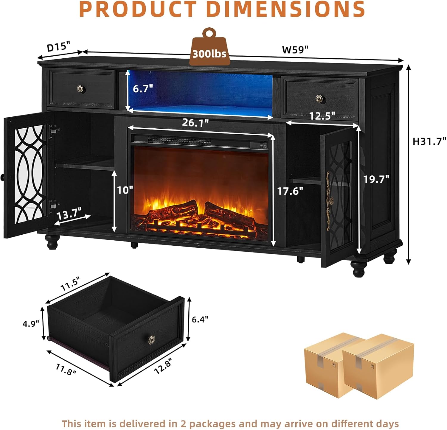 Farmhouse Fireplace TV Stand, 59" Entertainment Center with Electric Fireplace & LED Lights for TVs up to 65'', Glass Door Fire Place TV Stands for Living Room, Media Console w/Drawers