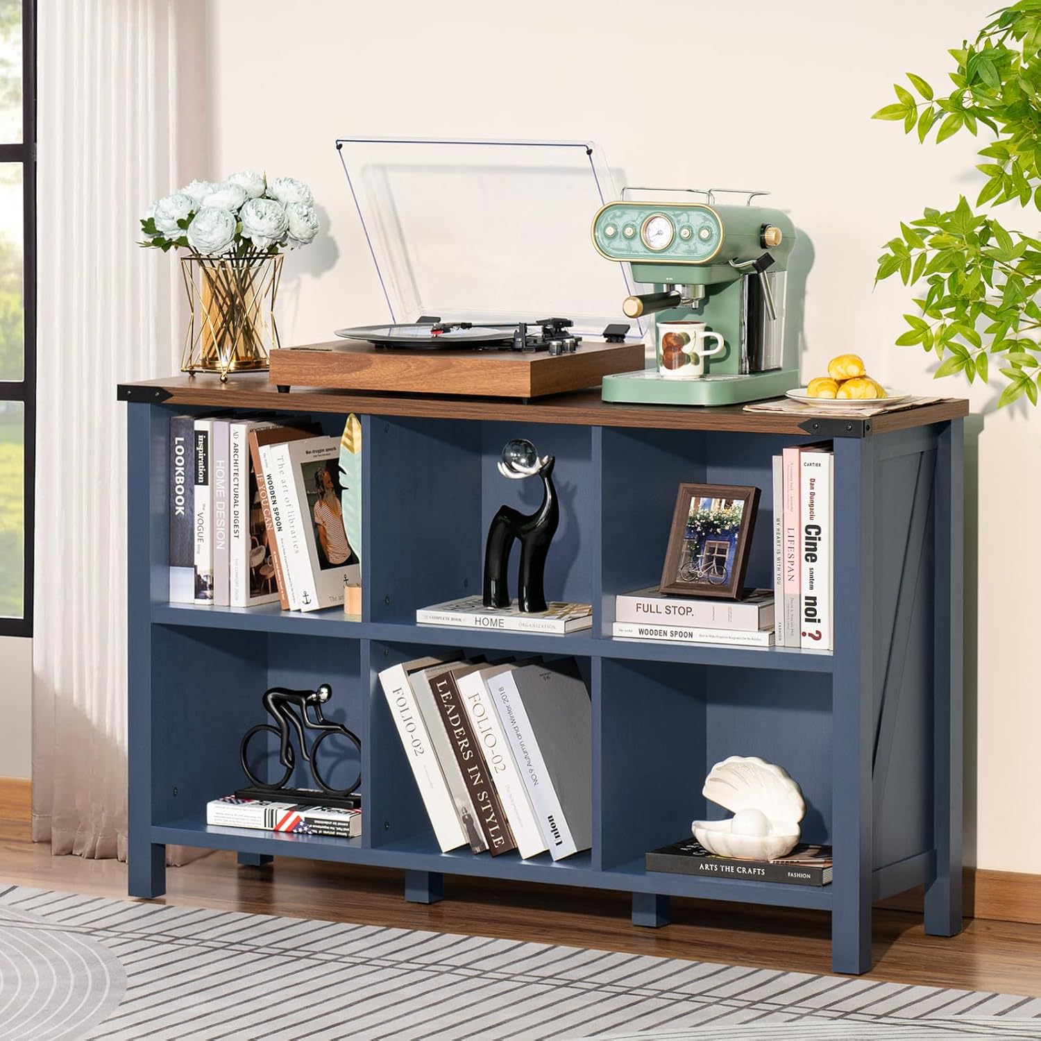 1-1 6 Cube Bookcase, Farmhouse Wood Low Storage Organizer Book Shelf, 47" Horizontal Navy Blue Console Bookshelf with Legs, Hallway Book Case for Entryway, Display Cabinet for Living Room, Office