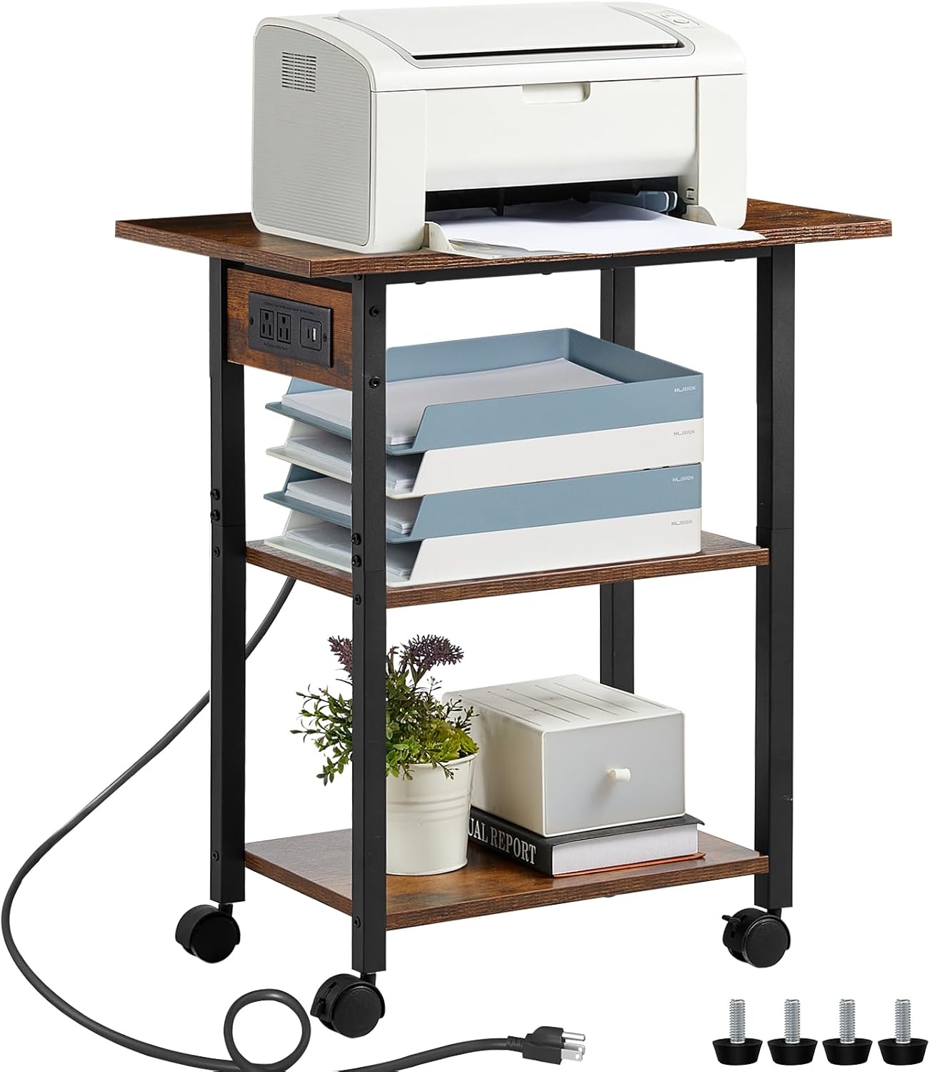 3-Tier Printer Stand with Charging Station, Industrial Mobile Printer Table with Storage Shelf and Steel Frame, Rolling Printer Cart Holder with Lockable Wheels for Home, Office