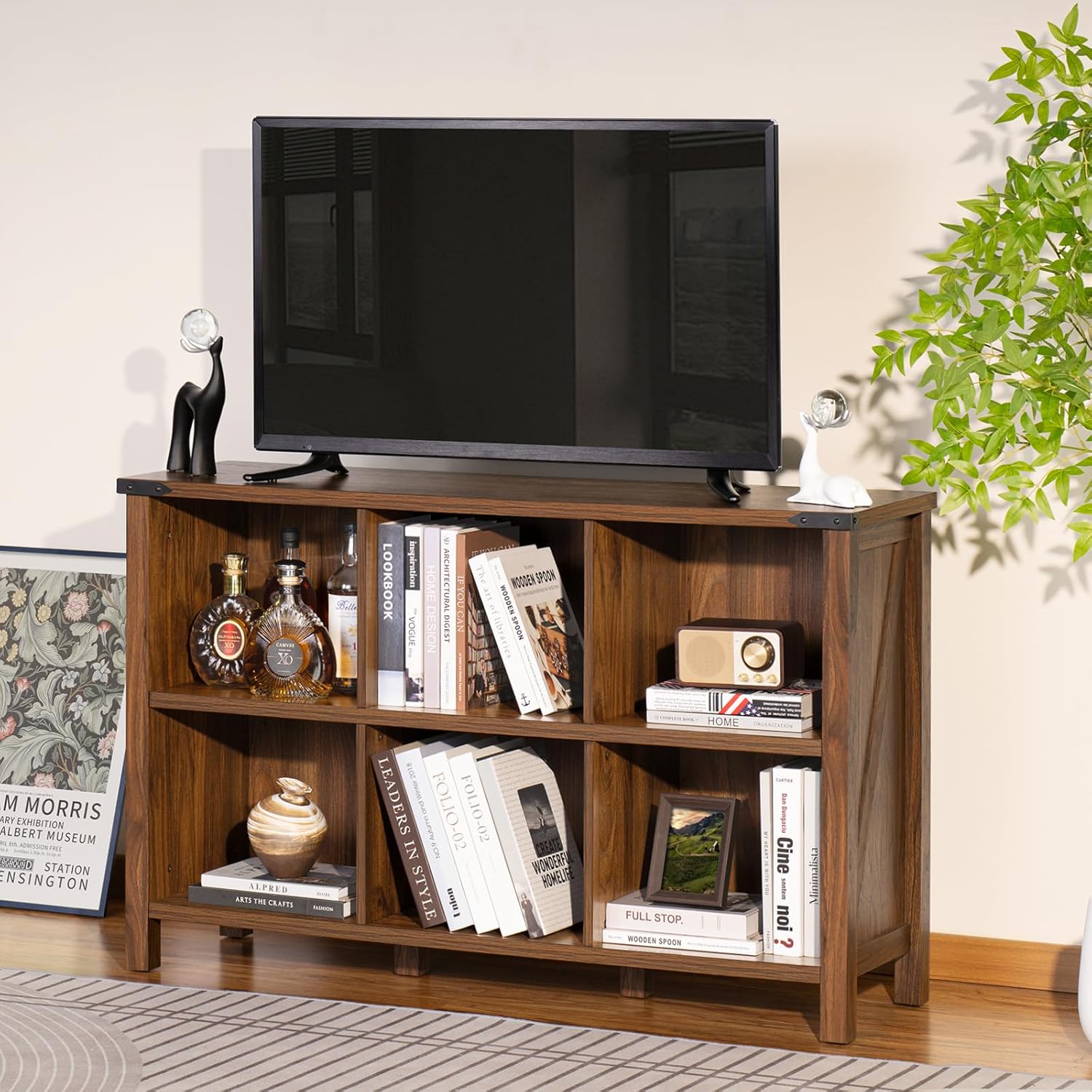 1-3 Farmhouse 6 Cube Book Shelf, Wood 3 Tier Storage Organizer Bookshelf, Brown Walnut 47" Horizontal Cubby Bookcase with Legs, Rustic Entryway Book Case, Long Display Cabinet for Bedroom, Office