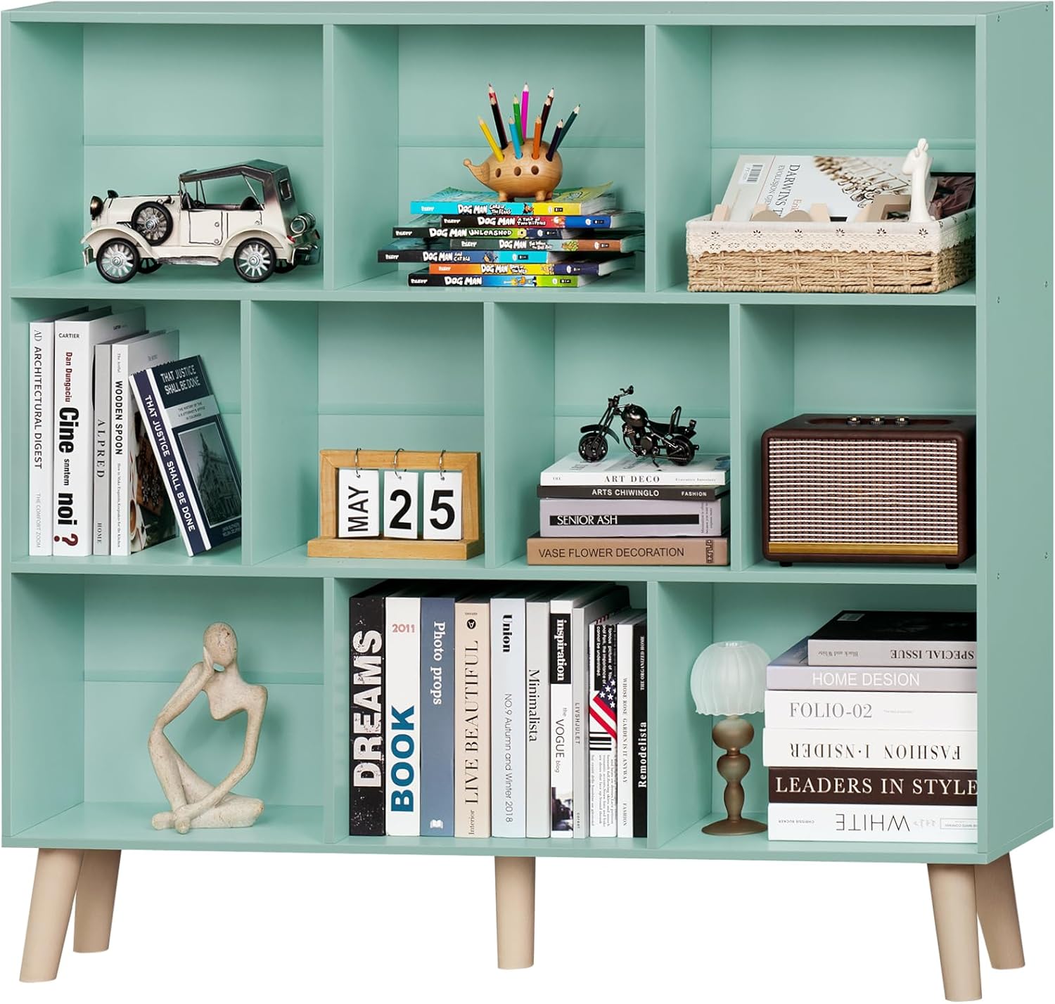 10 Cube Bookshelf,3 Tier Modern Wide Bookcase with Legs,Mid-Century Wood Bookshelves Storage,Large Book Case,Freestanding Organizer Display Shelf for Bedroom,Living Room,Office