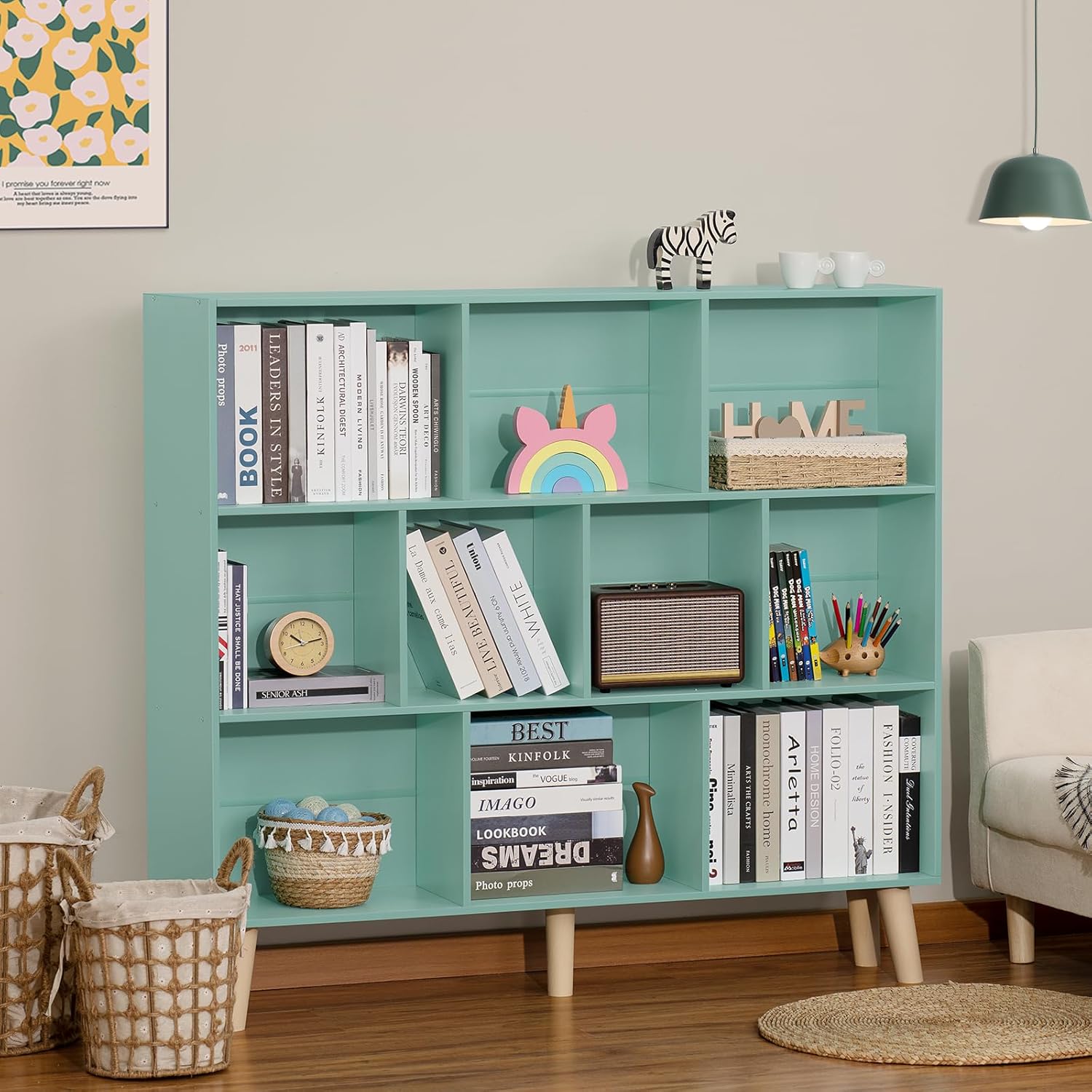 10 Cube Bookshelf,3 Tier Modern Wide Bookcase with Legs,Mid-Century Wood Bookshelves Storage,Large Book Case,Freestanding Organizer Display Shelf for Bedroom,Living Room,Office