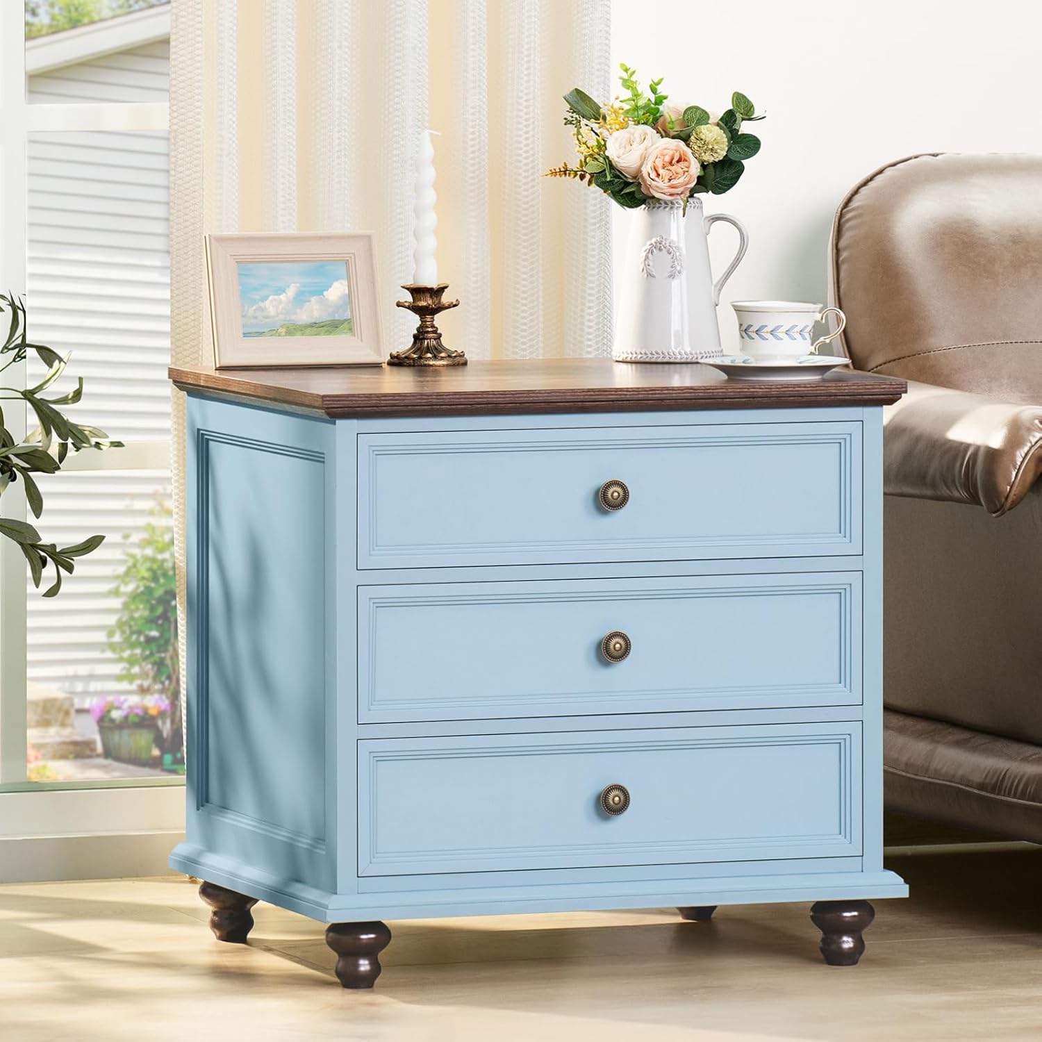 24" Wide Farmhouse Night Stand,Large End Table with 3 Drawers & Metal Handle,Dresser for Bedroom, Wood Bed Side Table Chest of Drawers Cabinet, Retro Brown Nightstand for Living Room,Closet