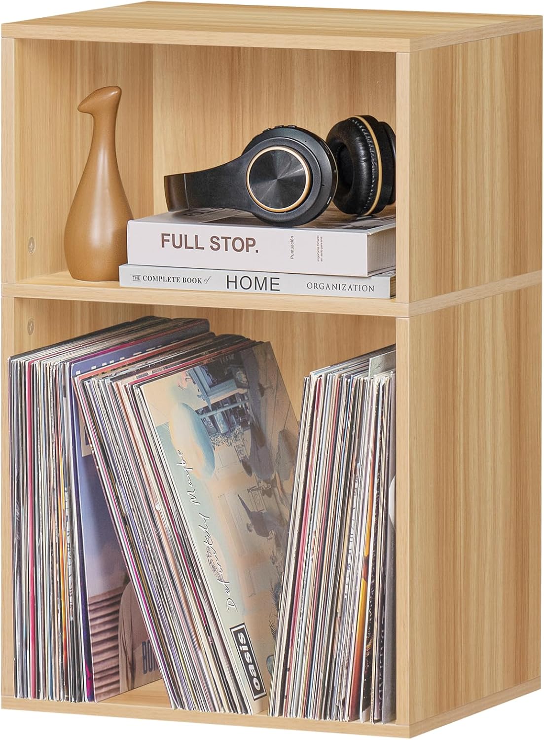 2 Cube Bookshelf,Brown Record Player Stand Holds up to 100 Albums, Mini Wood Book Shelf Storage Organizer,Turntable Stand with Vinyl Storage Cabinet, Narrow Open Bookcase for Small Spaces