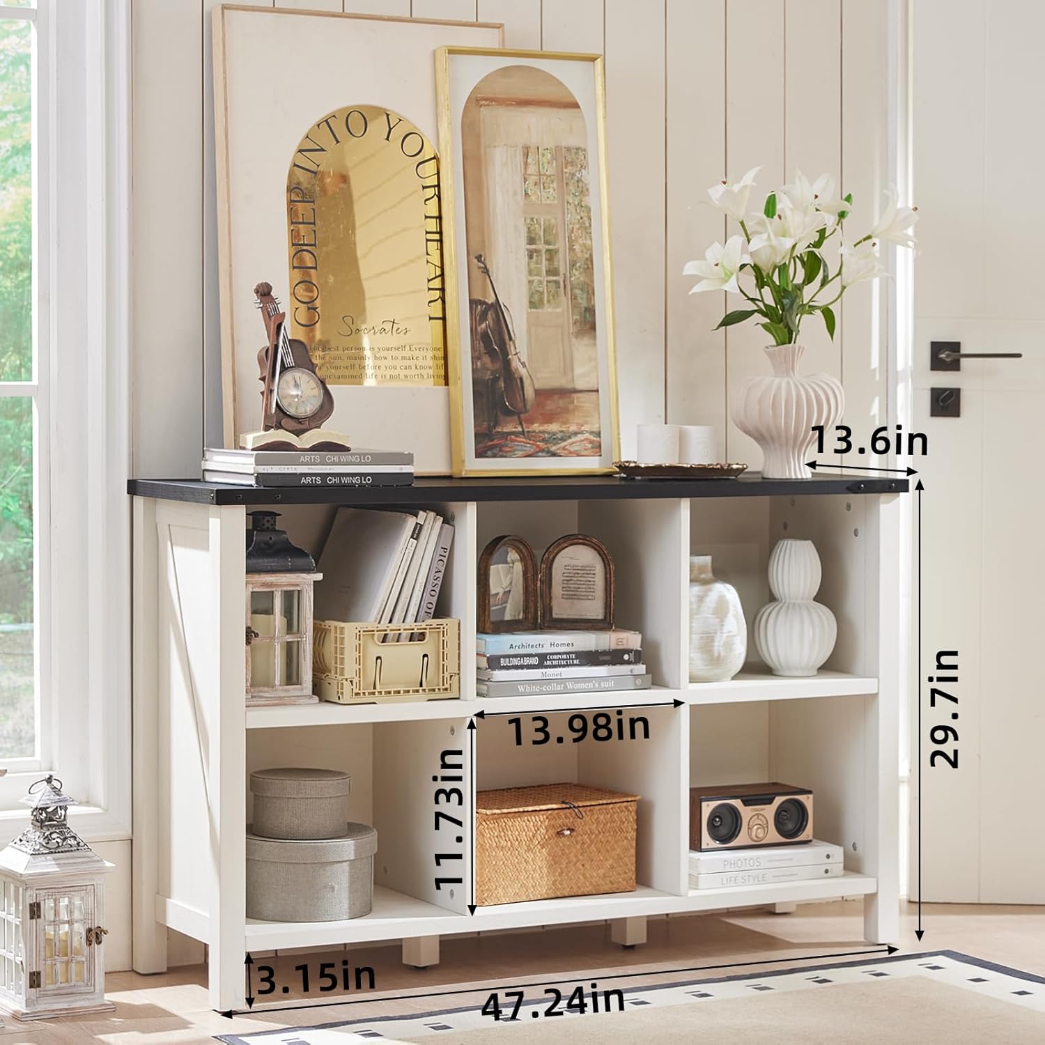 1-5 Farmhouse 6 Cube Bookshelf, Antique White & Black Wooden Storage Organizer Book Shelf, 47" Cubby Hallway Bookcase, Kids Toy Storage Cabinet, Modern Open Book Case for Living Room, Playroom