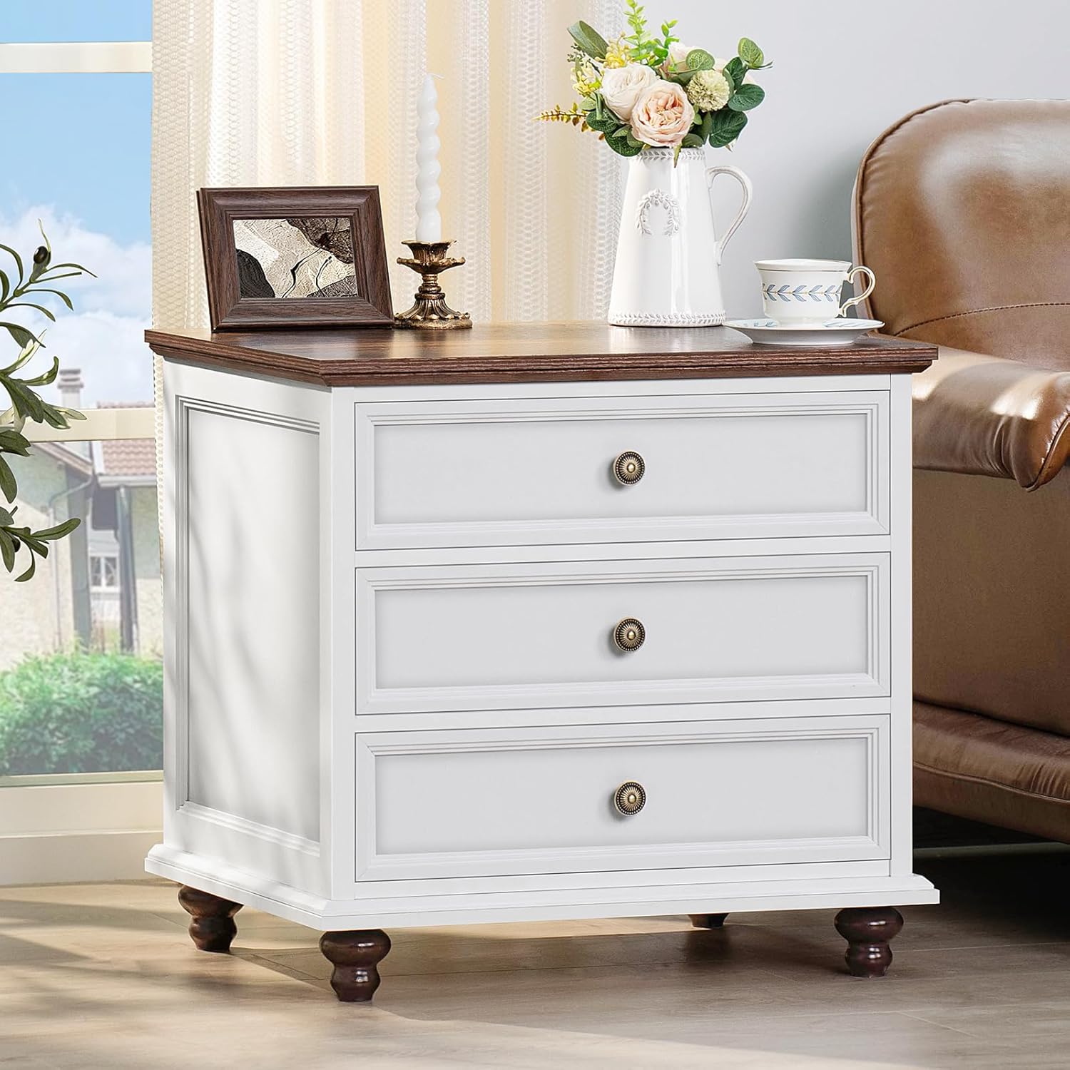 24" Wide Farmhouse Night Stand,Large End Table with 3 Drawers & Metal Handle,Dresser for Bedroom, Wood Bed Side Table Chest of Drawers Cabinet, Retro Brown Nightstand for Living Room,Closet
