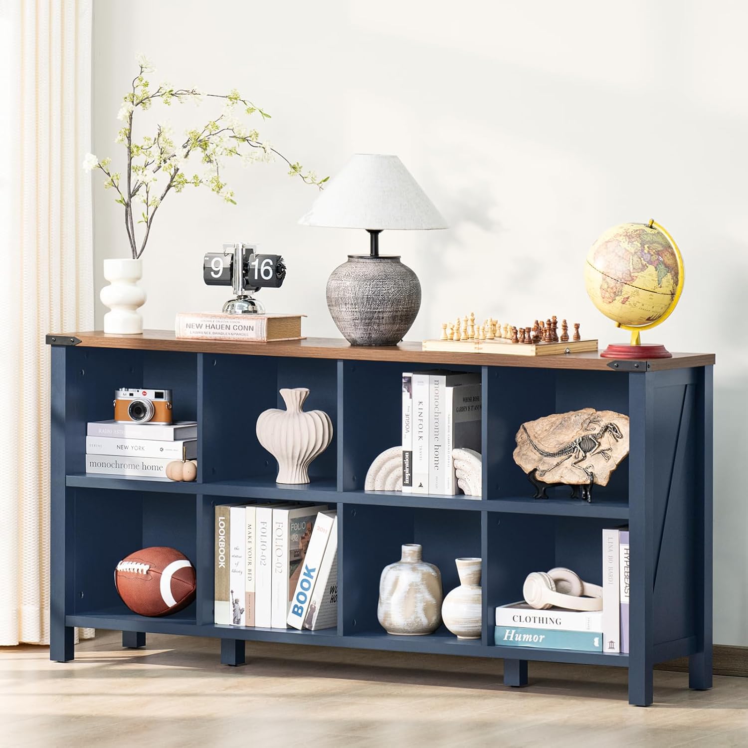 2-1 8 Cube Book Shelf, Farmhouse Wood Long Storage Organizer Bookcase, 62" Horizontal Navy Blue Console Closet Bookshelf, Hallway TV Stand for Entryway, Display Cabinet Book Case for Living Room