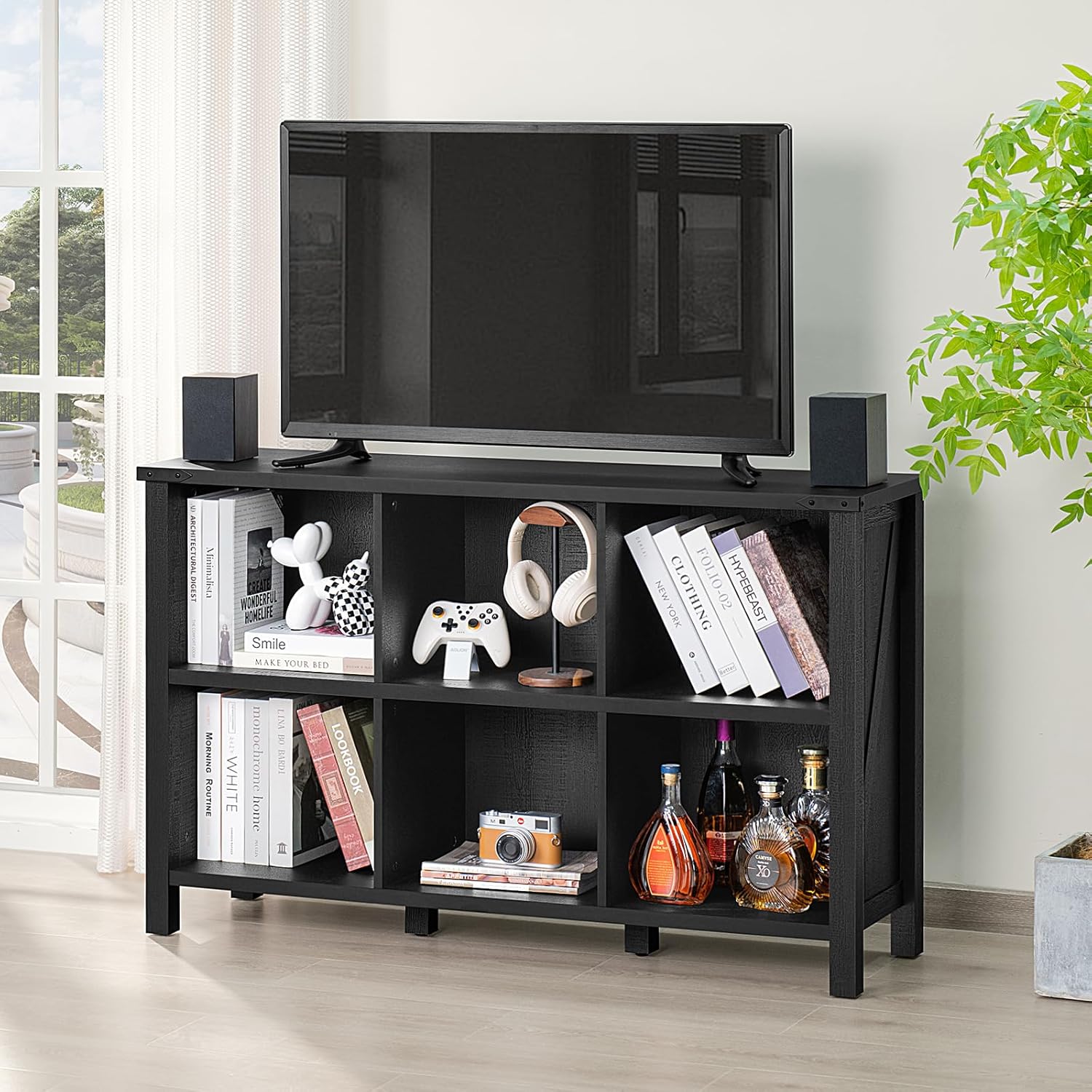 1-2 6 Cube Bookcase, Farmhouse Wood Low Storage Organizer Book Shelf, Black 47" Horizontal Console Bookshelf with Legs, Hallway Book Case for Entryway, Display Cabinet for Living Room, Office