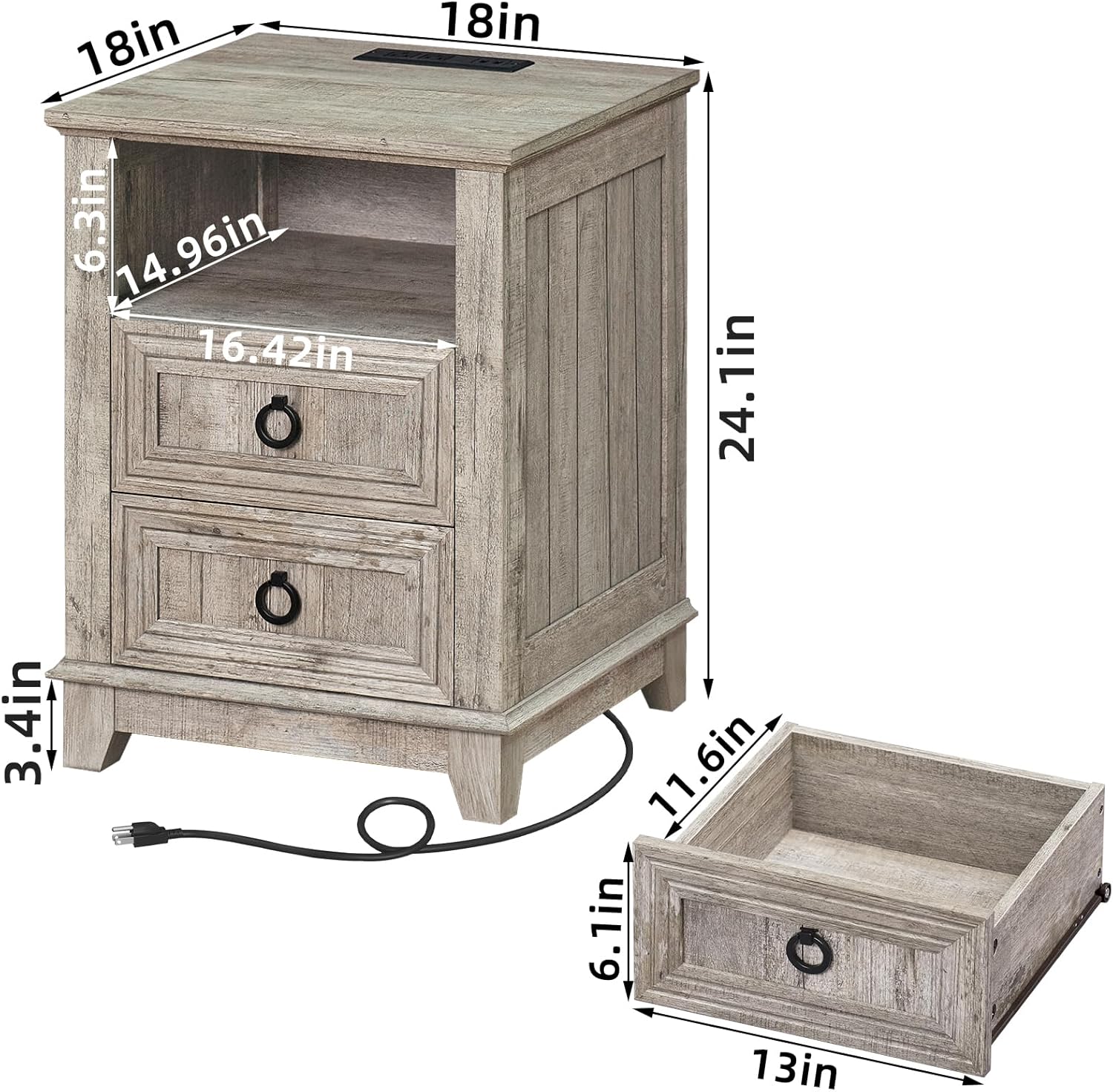 18" Farmhouse Night Stand with Charging Station, 2 Drawers End Table Dresser for Bedroom, Black Wooden Nightstand, Bed Side Table with Open Shelf, Bedside Cabinet for Living Room, Closet