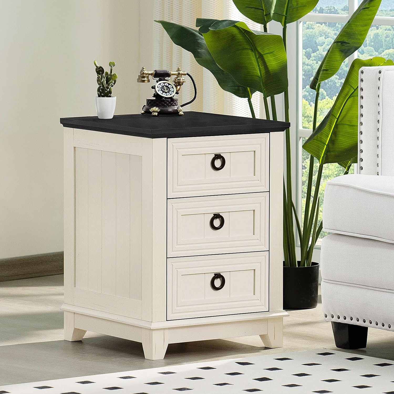 18" Farmhouse Night Stands Set of 2 with 3 Drawers, Wood Bedside End Table, Natural Nightstand, Bed Side Table Cabinet with Metal Handle for Bedroom Living Room, Closet