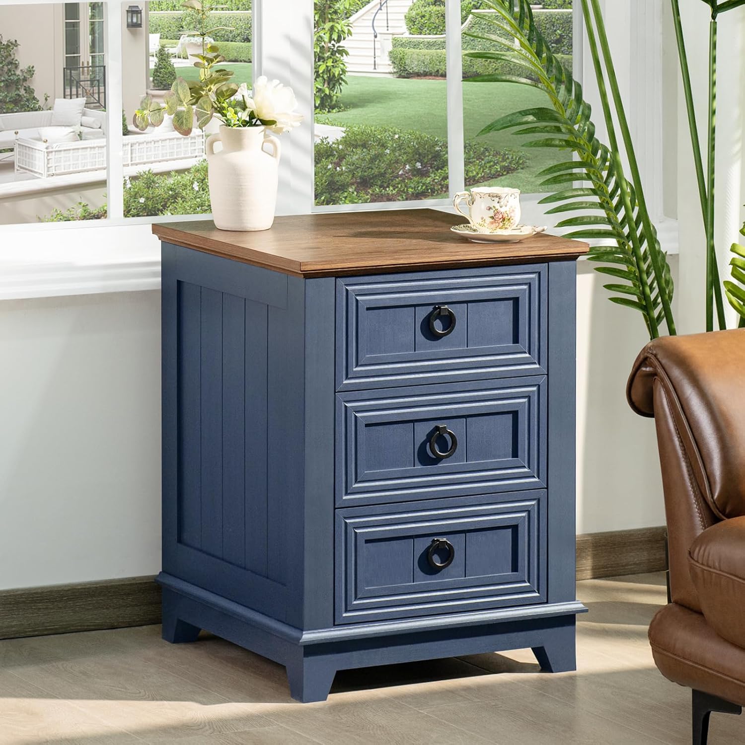 18" Farmhouse Night Stands Set of 2 with 3 Drawers, Wood Bedside End Table, Natural Nightstand, Bed Side Table Cabinet with Metal Handle for Bedroom Living Room, Closet
