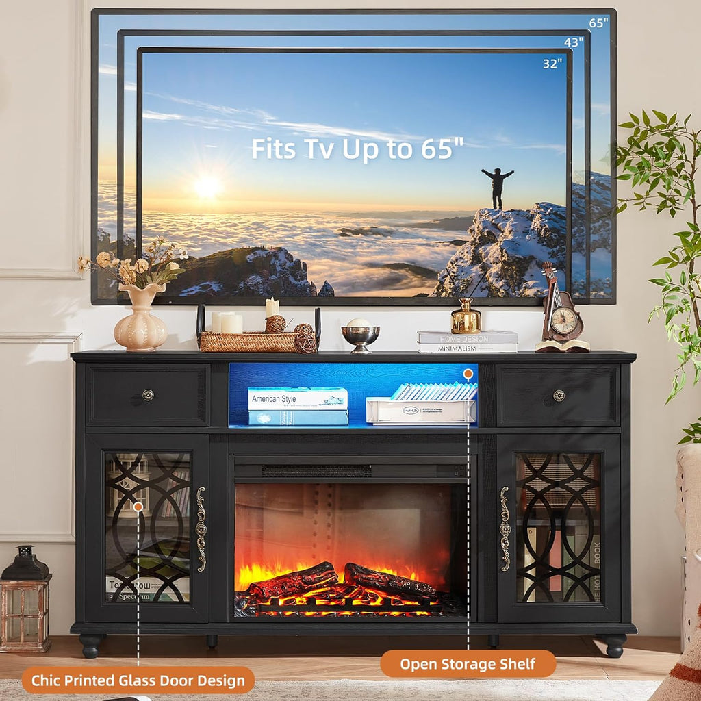 Farmhouse Fireplace TV Stand, 59" Entertainment Center with Electric Fireplace & LED Lights for TVs up to 65'', Glass Door Fire Place TV Stands for Living Room, Media Console w/Drawers