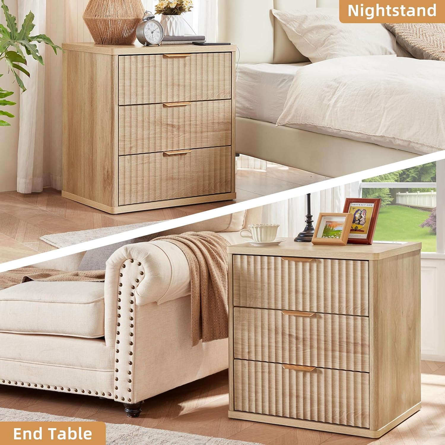 23" Wide Fluted Night Stand with Charging Station, 3 Drawers Large End Table with Storage,Nightstand Wood Bedside Tables, Farmhouse Cabinet Dresser for Bedroom,Closet