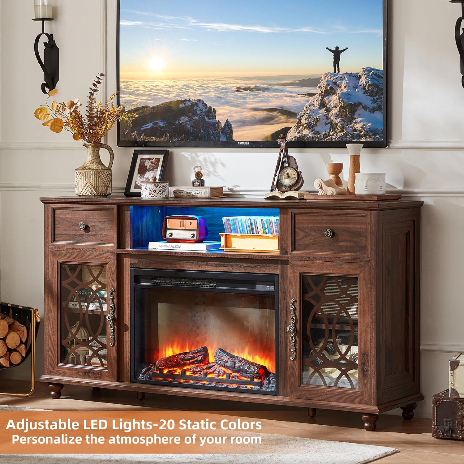 Farmhouse Fireplace TV Stand, 59" Entertainment Center with Electric Fireplace & LED Lights for TVs up to 65'', Glass Door Fire Place TV Stands for Living Room, Media Console w/Drawers,Brown