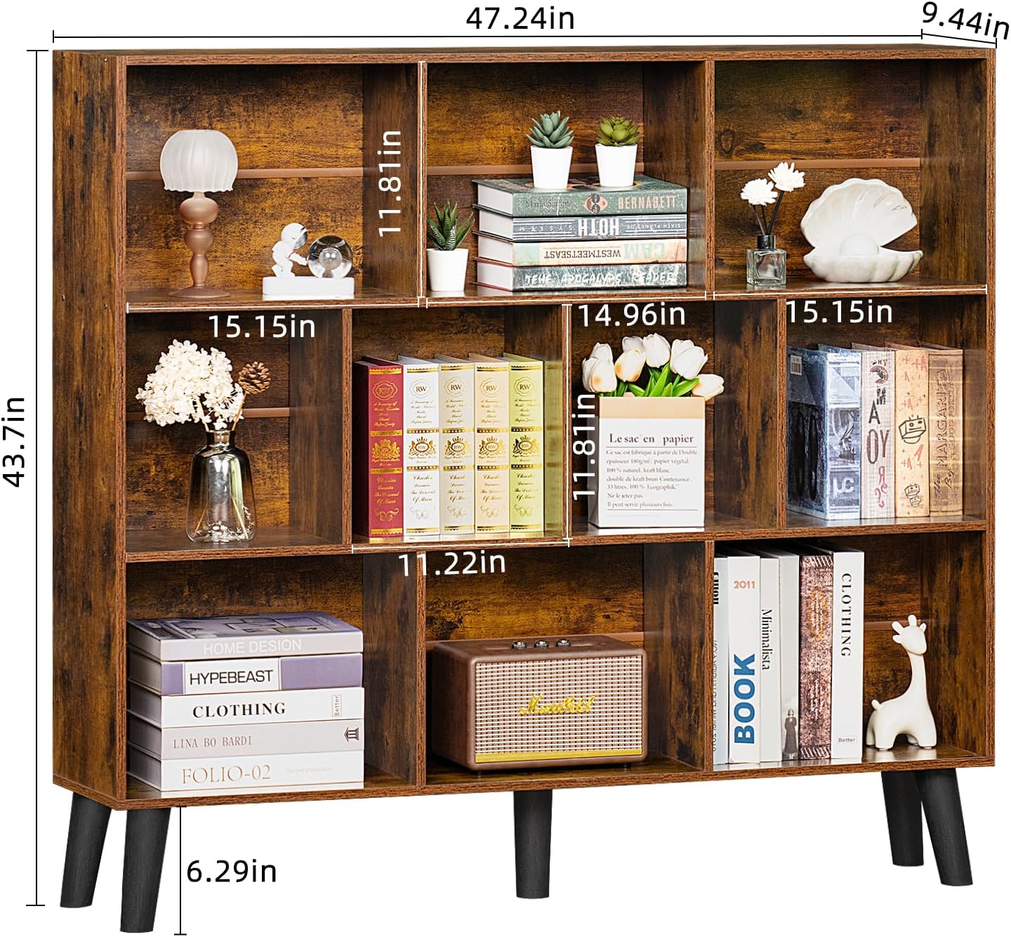 10 Cube Bookshelf,3 Tier Modern Wide Bookcase with Legs,Mid-Century Wood Bookshelves Storage，Natural Large Book Case,Freestanding Organizer Display Shelf for Bedroom,Living Room,Office