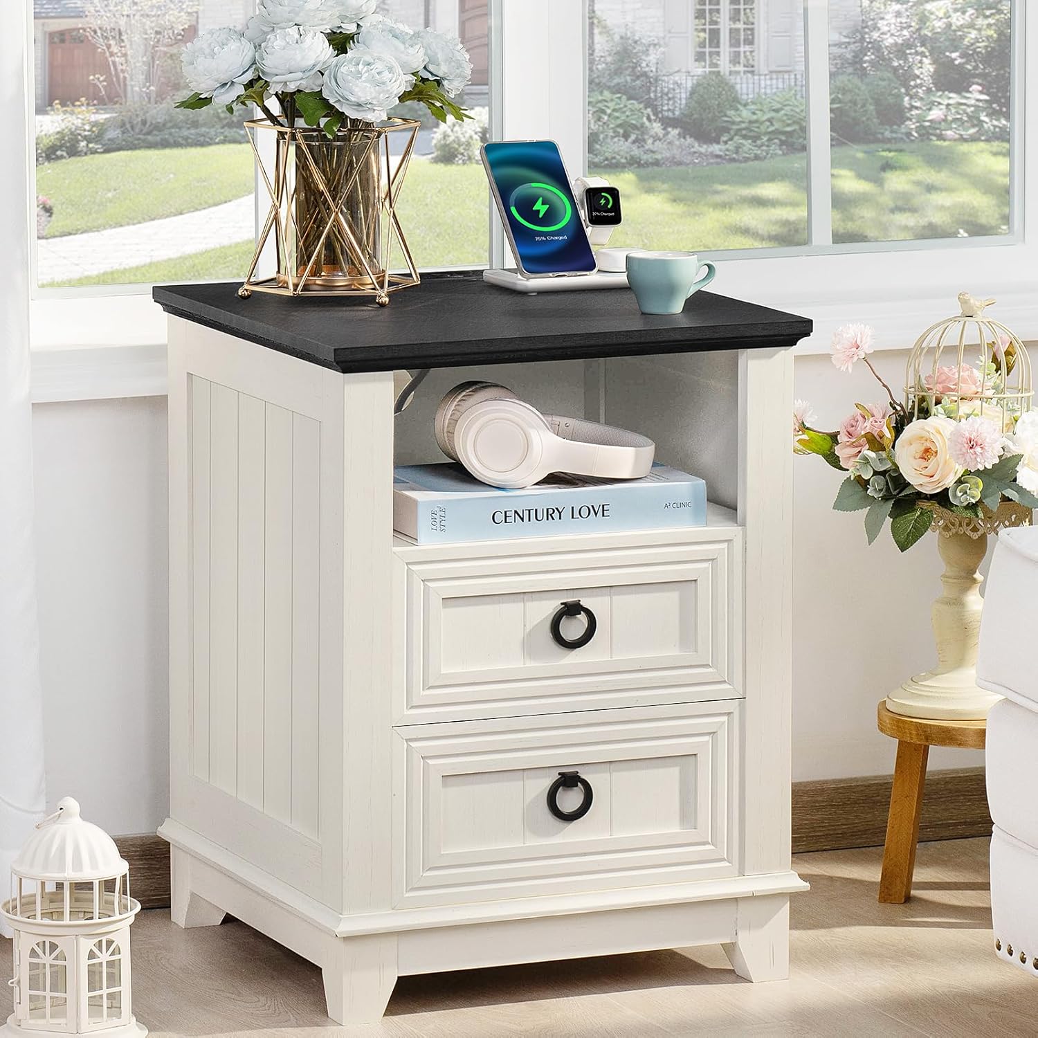 18" Farmhouse Night Stand with Charging Station, 2 Drawers End Table Dresser for Bedroom, Black Wooden Nightstand, Bed Side Table with Open Shelf, Bedside Cabinet for Living Room, Closet