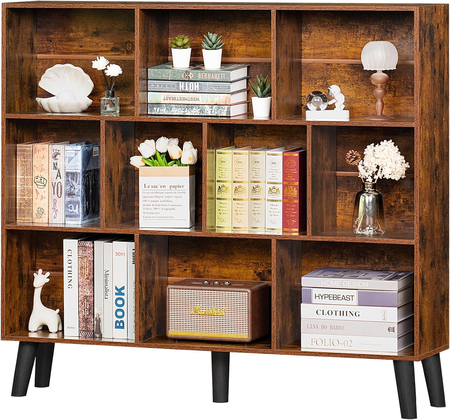 10 Cube Bookshelf,3 Tier Modern Wide Bookcase with Legs,Mid-Century Wood Bookshelves Storage,Large Book Case,Freestanding Organizer Display Shelf for Bedroom,Living Room,Office