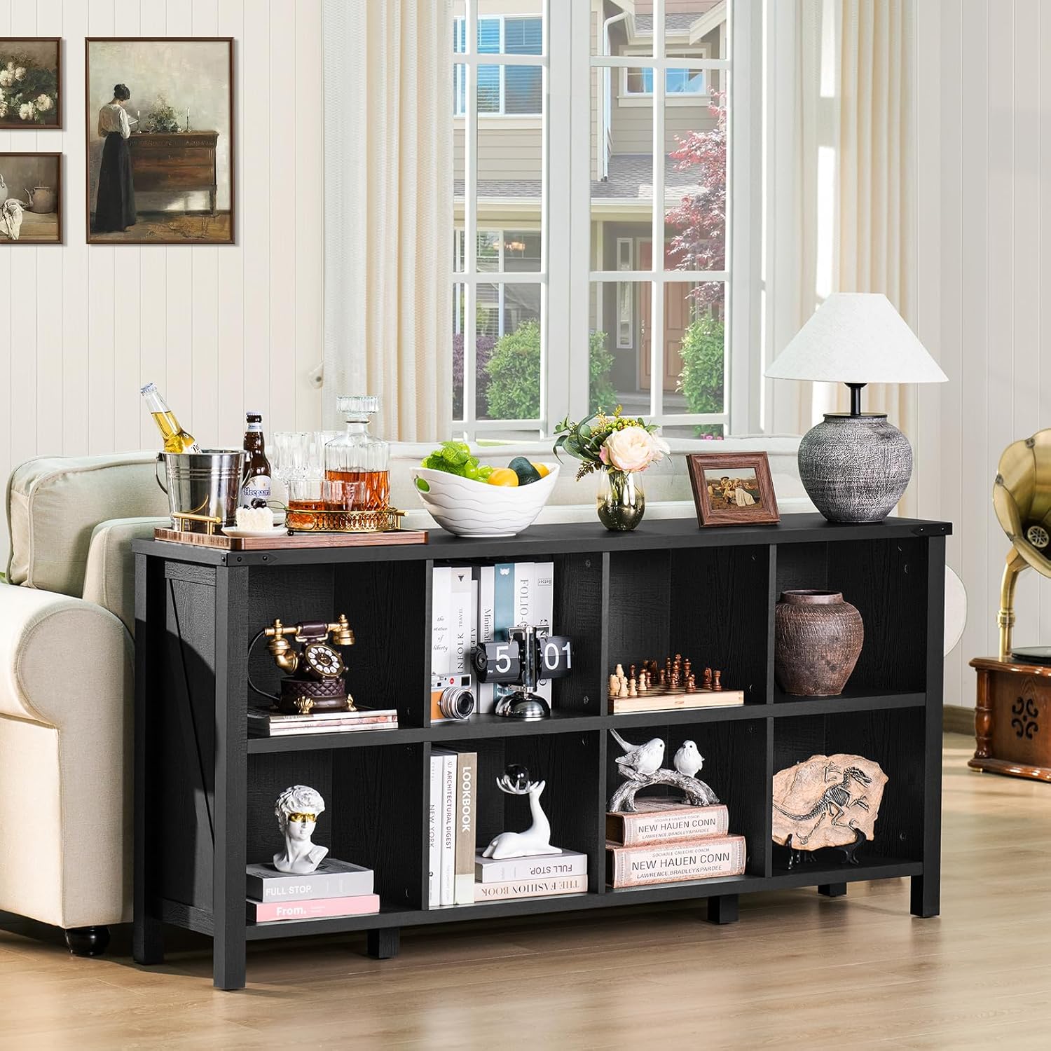 2-2 8 Cube Book Shelf, Farmhouse Wood Long Storage Organizer Bookcase, 62" Horizontal Black Console Closet Bookshelf, Hallway TV Stand for Entryway, Display Cabinet Book Case for Living Room