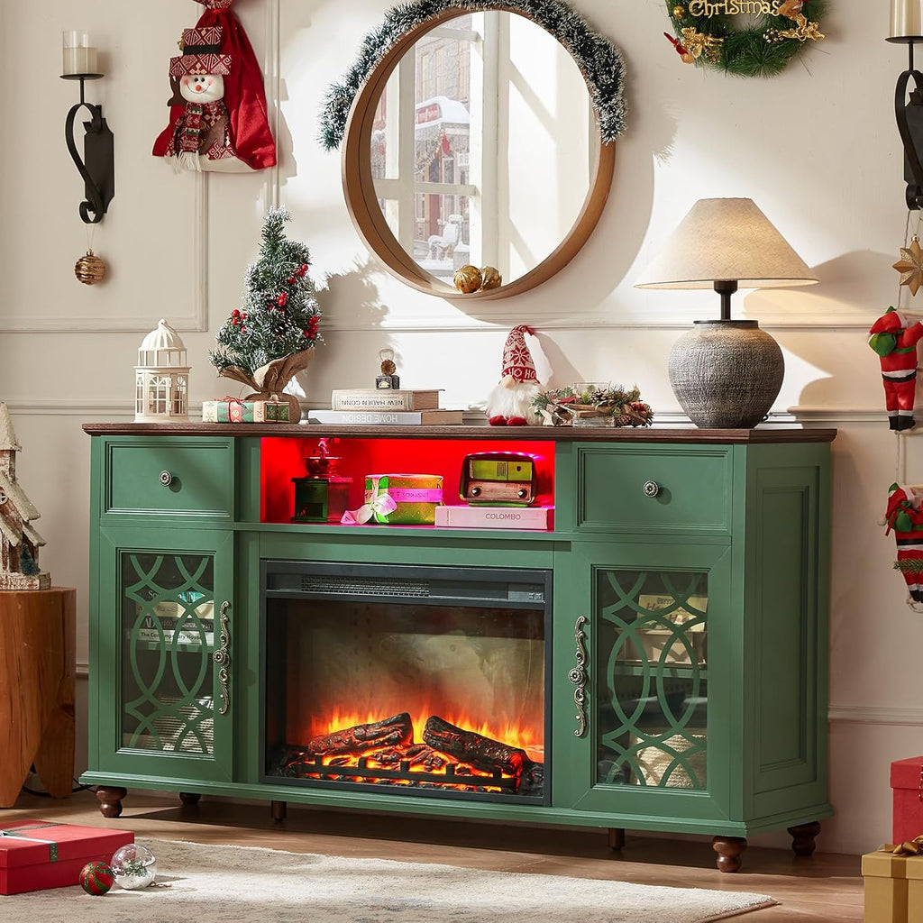 Farmhouse Fireplace TV Stand, 59" Entertainment Center with Electric Fireplace & LED Lights for TVs up to 65'', Glass Door Fire Place TV Stands for Living Room, Media Console w/Drawers,Green