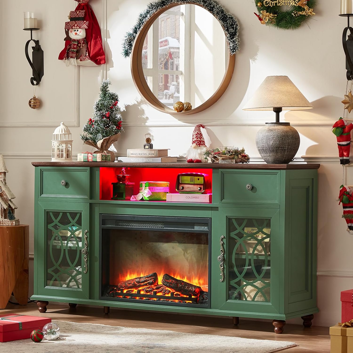 Farmhouse Fireplace TV Stand, 59" Entertainment Center with Electric Fireplace & LED Lights for TVs up to 65'', Glass Door Fire Place TV Stands for Living Room, Media Console w/Drawers,Green
