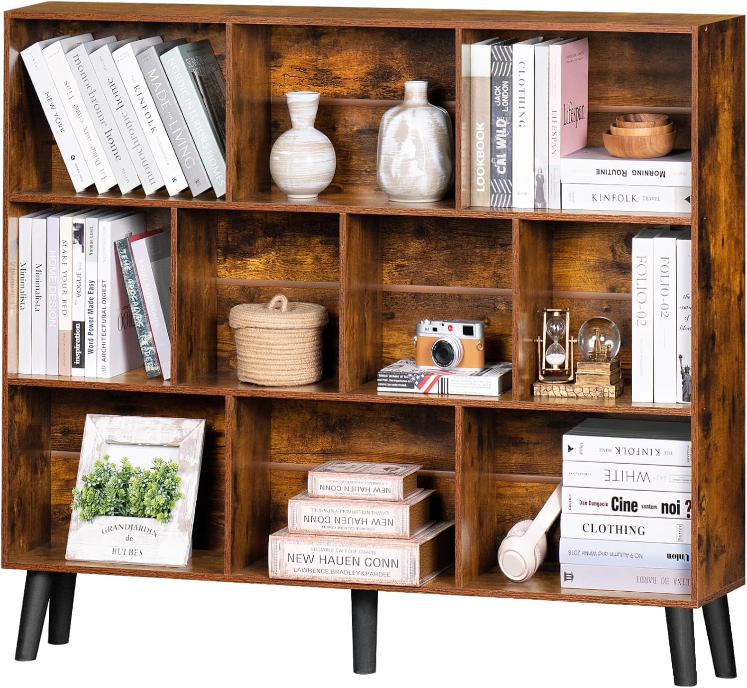 10 Cube Bookshelf,3 Tier Modern Wide Bookcase with Legs,Mid-Century Wood Bookshelves Storage，Natural Large Book Case,Freestanding Organizer Display Shelf for Bedroom,Living Room,Office