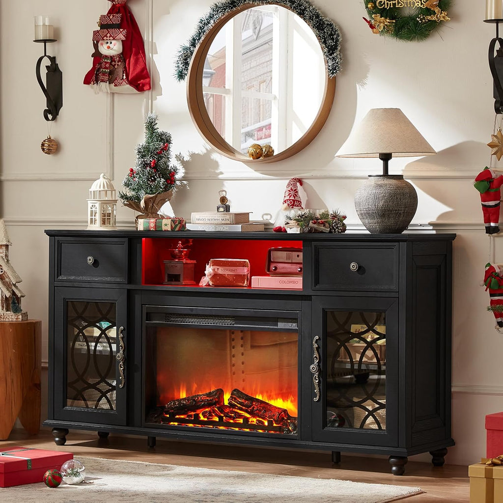 Farmhouse Fireplace TV Stand, 59" Entertainment Center with Electric Fireplace & LED Lights for TVs up to 65'', Glass Door Fire Place TV Stands for Living Room, Media Console w/Drawers
