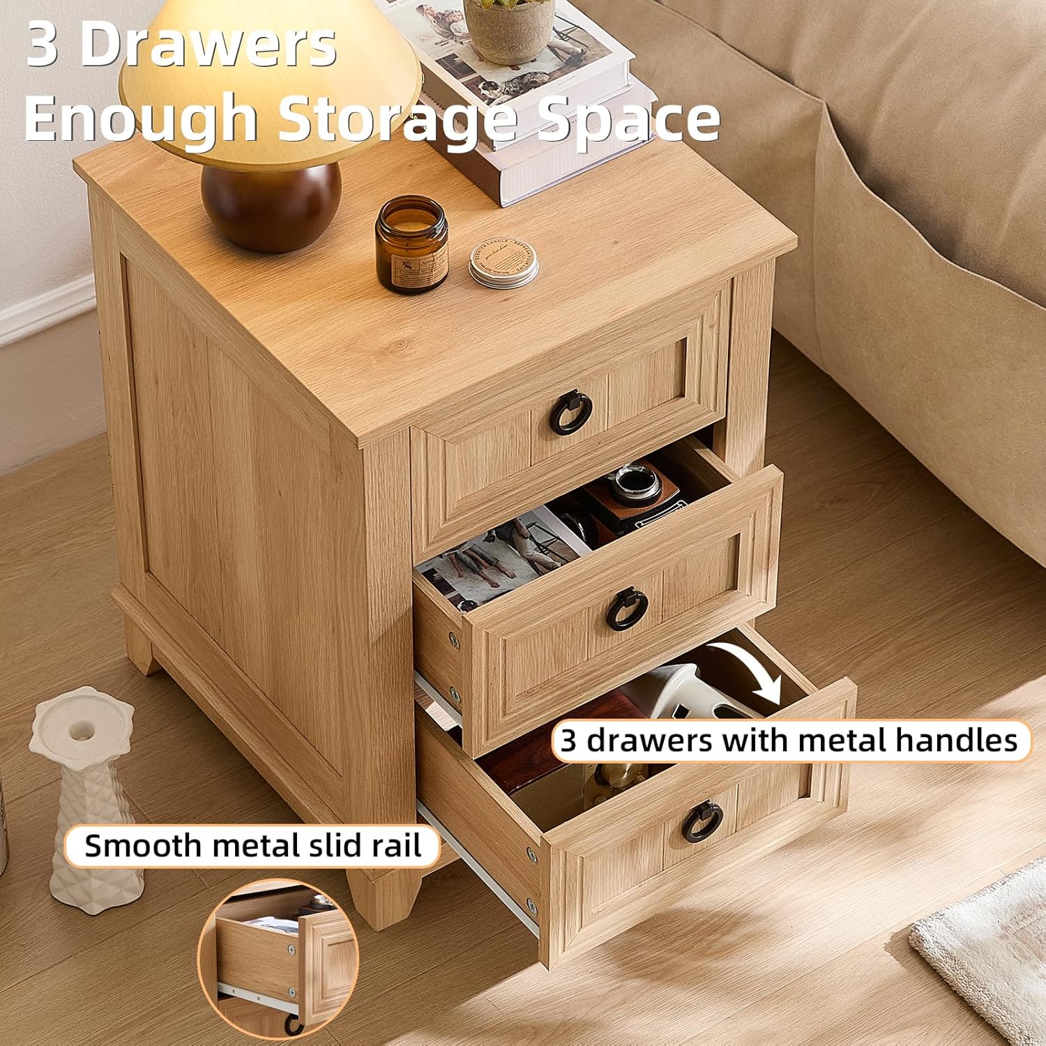 18" Farmhouse Night Stand with 3 Drawers, Wood Bedside End Table, Natural Nightstand, Bed Side Table Cabinet with Metal Handle for Bedroom Living Room, Closet
