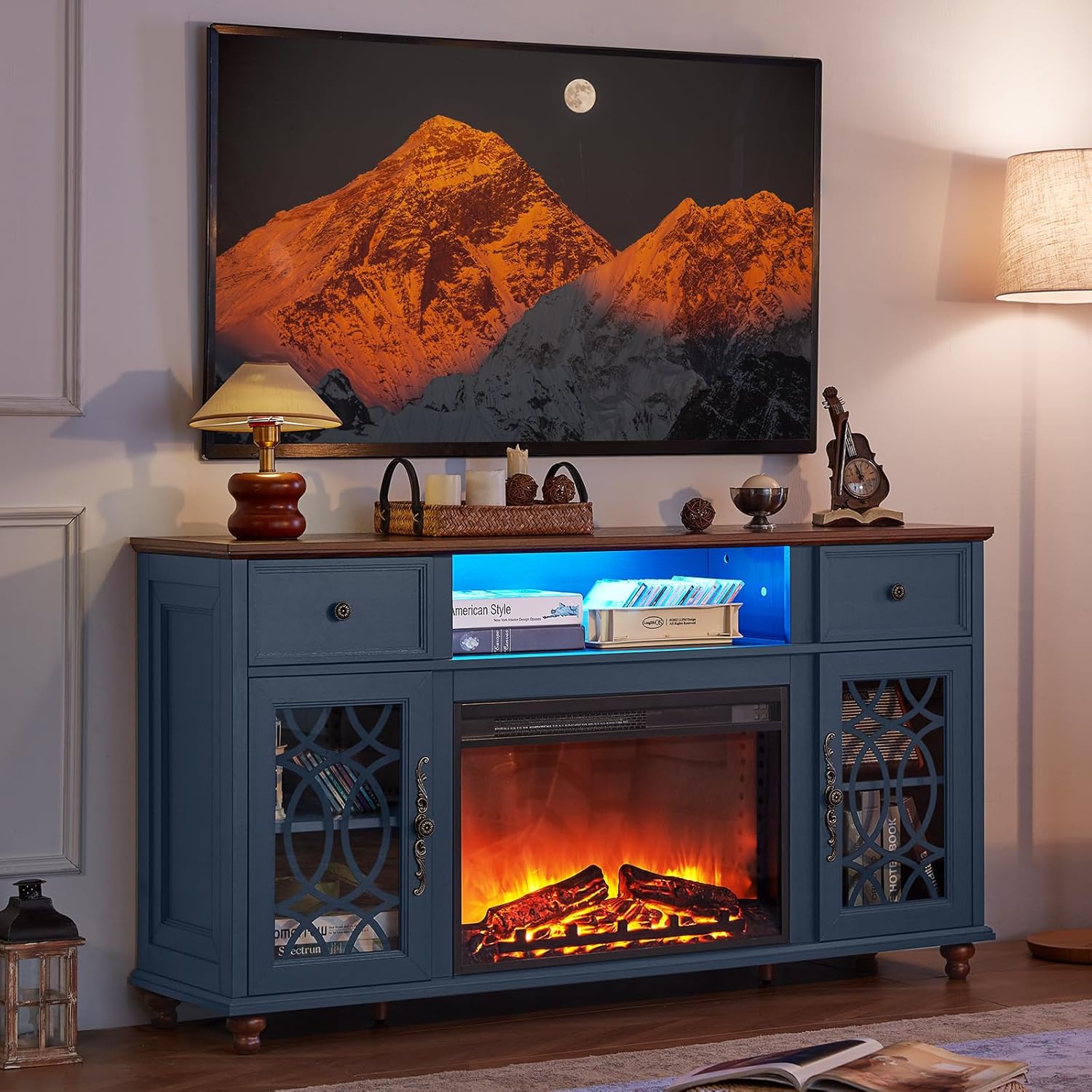 Farmhouse Fireplace TV Stand, 59" Entertainment Center with Electric Fireplace & LED Lights for TVs up to 65'', Glass Door Fire Place TV Stands for Living Room, Media Console w/Drawers, Blue