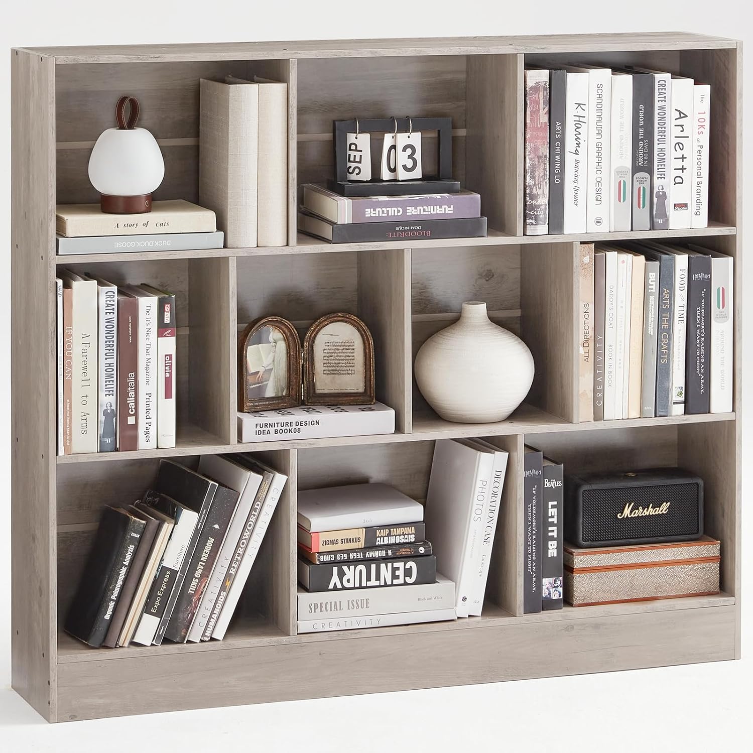 0 Cube Bookshelf with Base,3 Tier Mid-Century Modern Grey Bookcase,Standing Wide Bookshelves Storage Organizer Shelf,Rustic Wood Display Cabinet Book Shelves for Bedroom,Living Room,Office