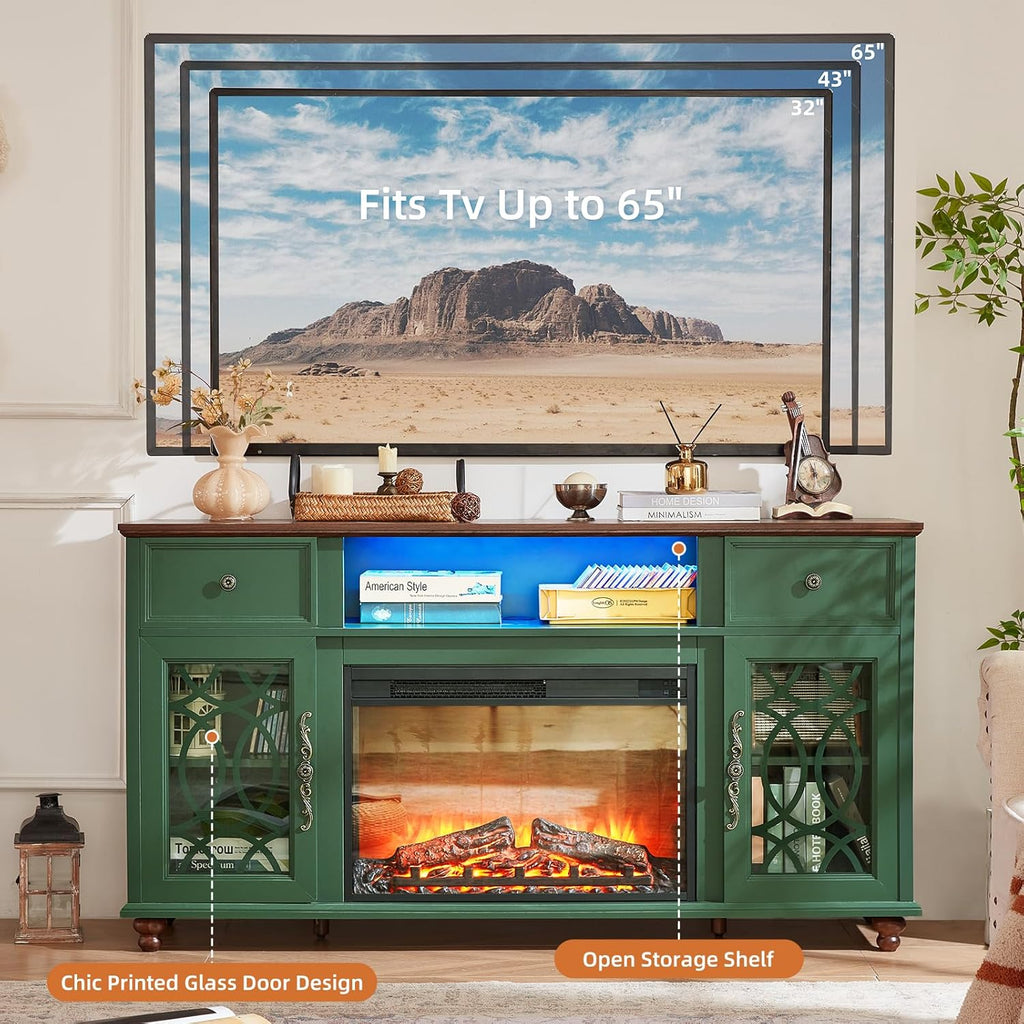 Farmhouse Fireplace TV Stand, 59" Entertainment Center with Electric Fireplace & LED Lights for TVs up to 65'', Glass Door Fire Place TV Stands for Living Room, Media Console w/Drawers,Green