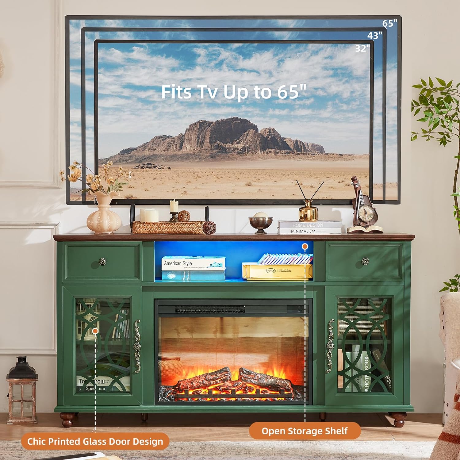 Farmhouse Fireplace TV Stand, 59" Entertainment Center with Electric Fireplace & LED Lights for TVs up to 65'', Glass Door Fire Place TV Stands for Living Room, Media Console w/Drawers,Green