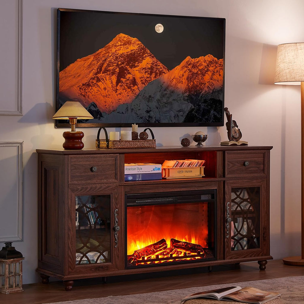 Farmhouse Fireplace TV Stand, 59" Entertainment Center with Electric Fireplace & LED Lights for TVs up to 65'', Glass Door Fire Place TV Stands for Living Room, Media Console w/Drawers,Brown
