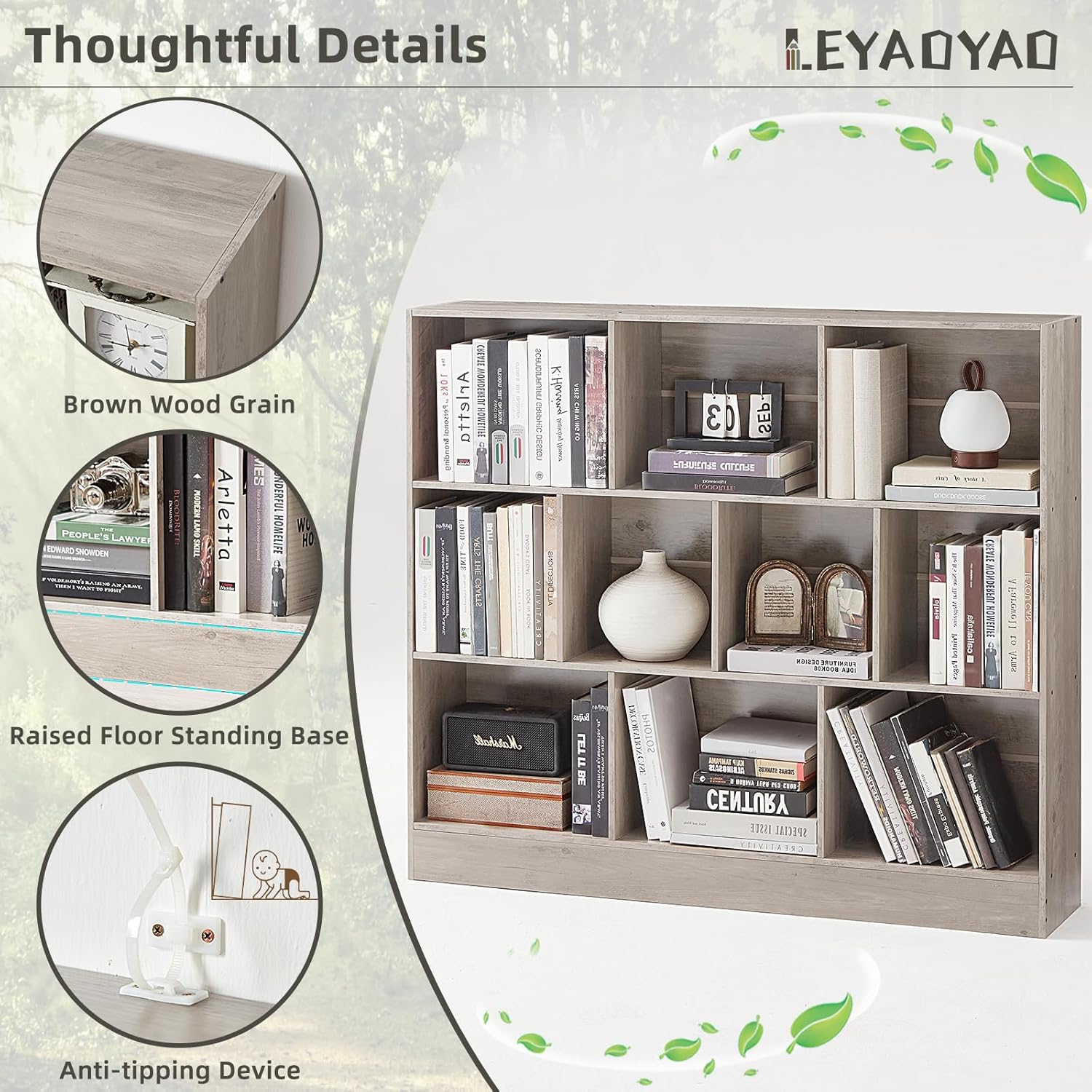 0 Cube Bookshelf with Base,3 Tier Mid-Century Modern Grey Bookcase,Standing Wide Bookshelves Storage Organizer Shelf,Rustic Wood Display Cabinet Book Shelves for Bedroom,Living Room,Office