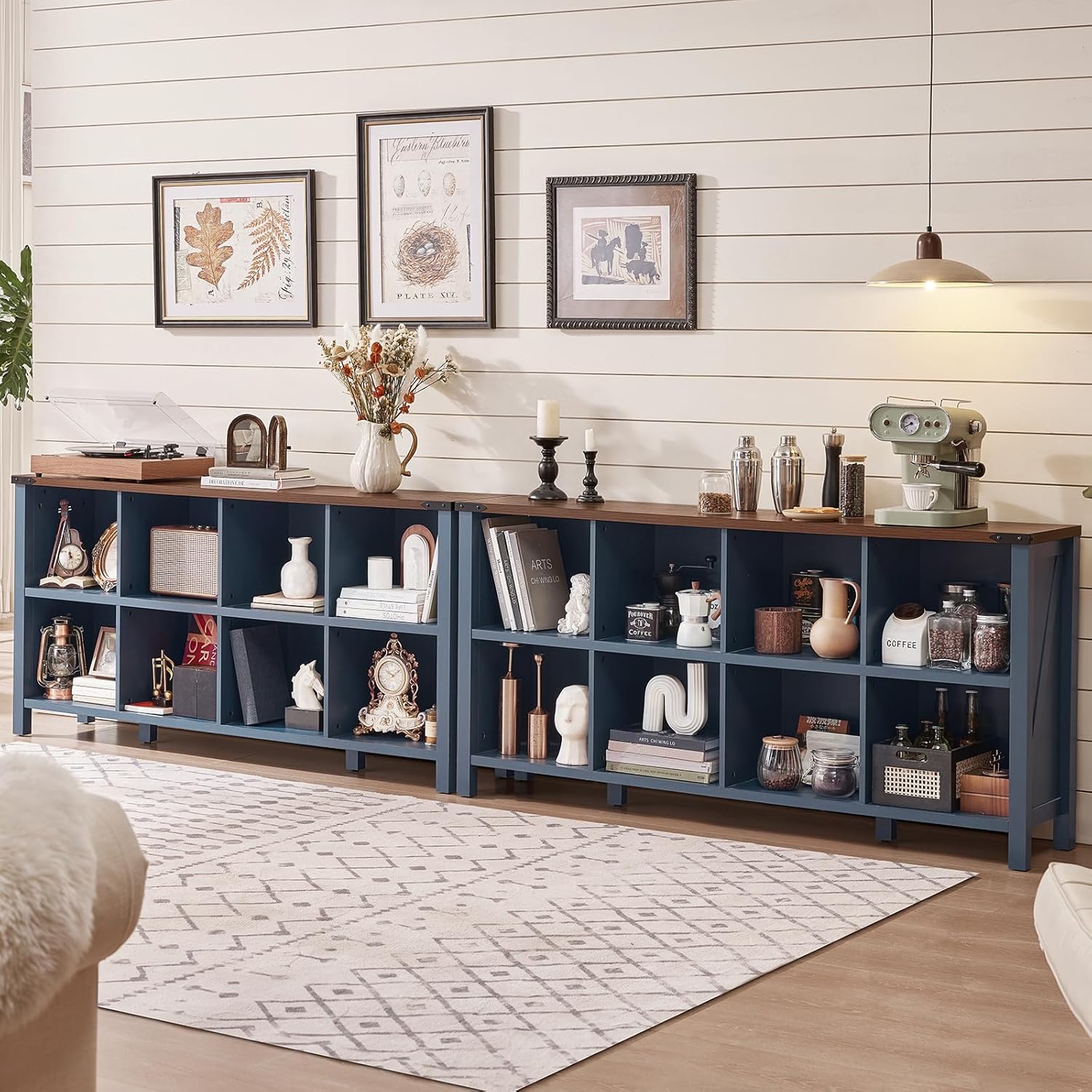 2-1 8 Cube Book Shelf, Farmhouse Wood Long Storage Organizer Bookcase, 62" Horizontal Navy Blue Console Closet Bookshelf, Hallway TV Stand for Entryway, Display Cabinet Book Case for Living Room