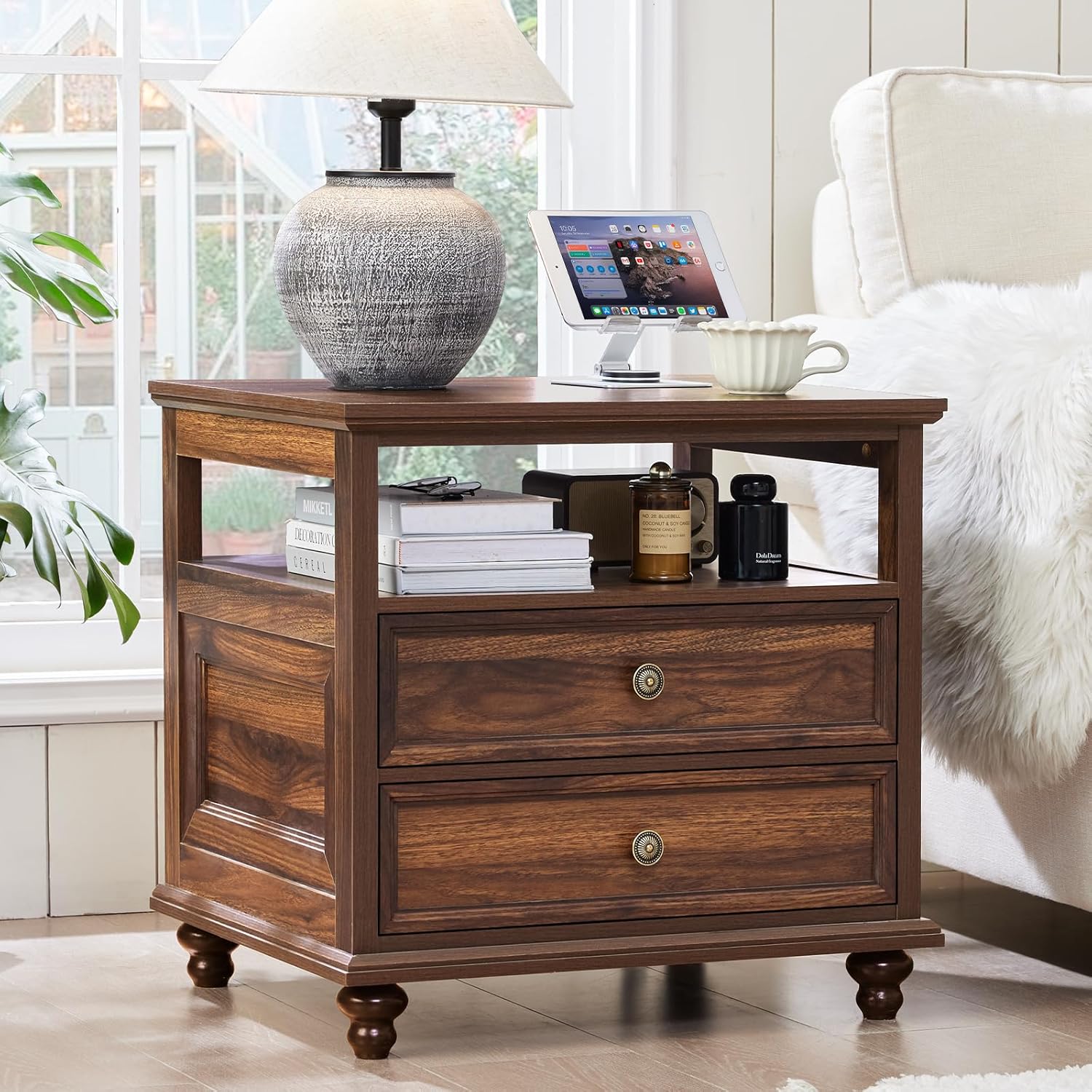 24" Wide Farmhouse Night Stand,Large End Table with 2 Drawers & Metal Handle,Wood Dresser for Bedroom,Bed Side Table Chest of Drawers Cabinet,Nightstand for Living Room,Closet