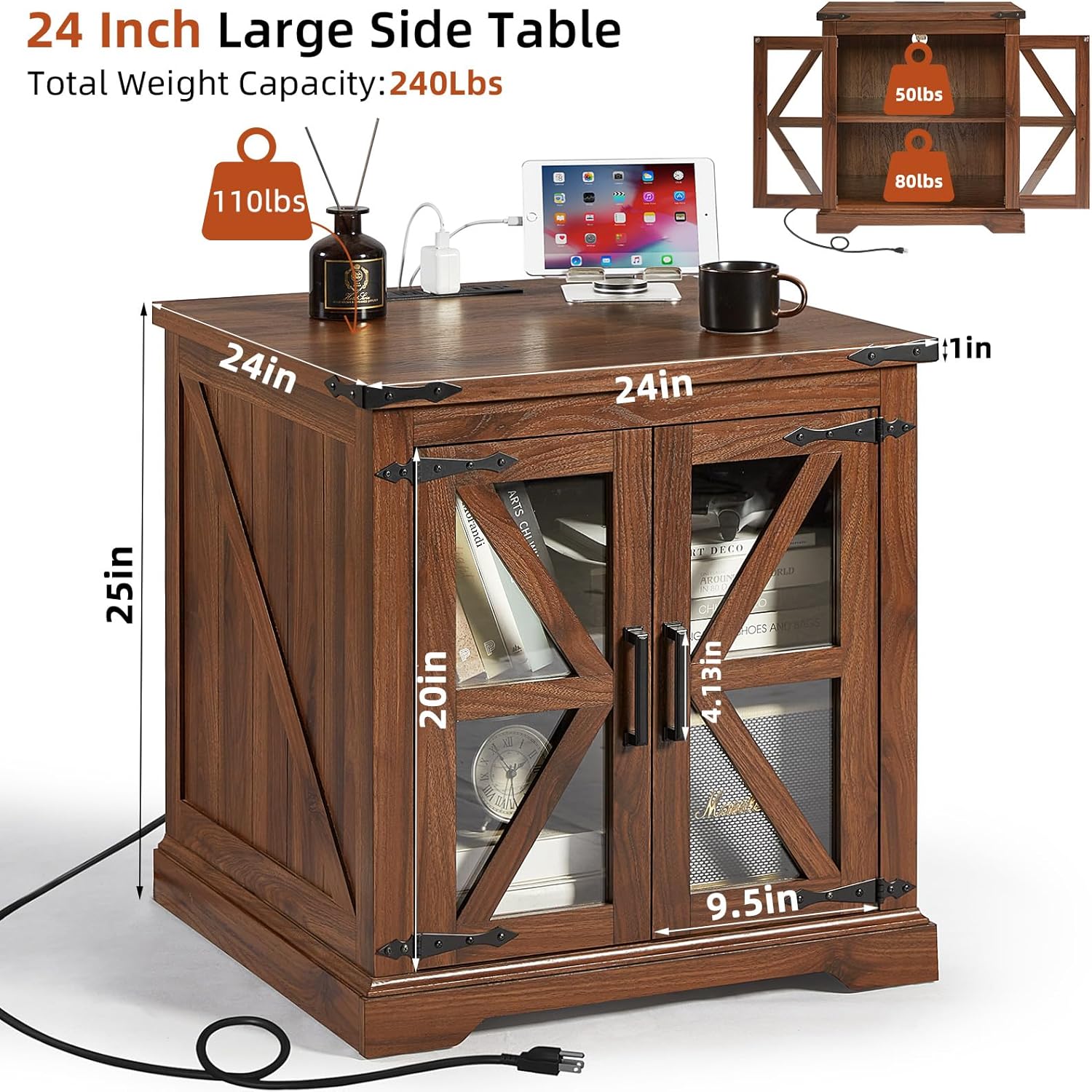 24" End Table with Charging Station, Farmhouse Night Stand with Glass Barn Door, White Nightstands with Adjustable Storage Shelf, Large Wood Square Bed Side Table for Living Room,Bedroom