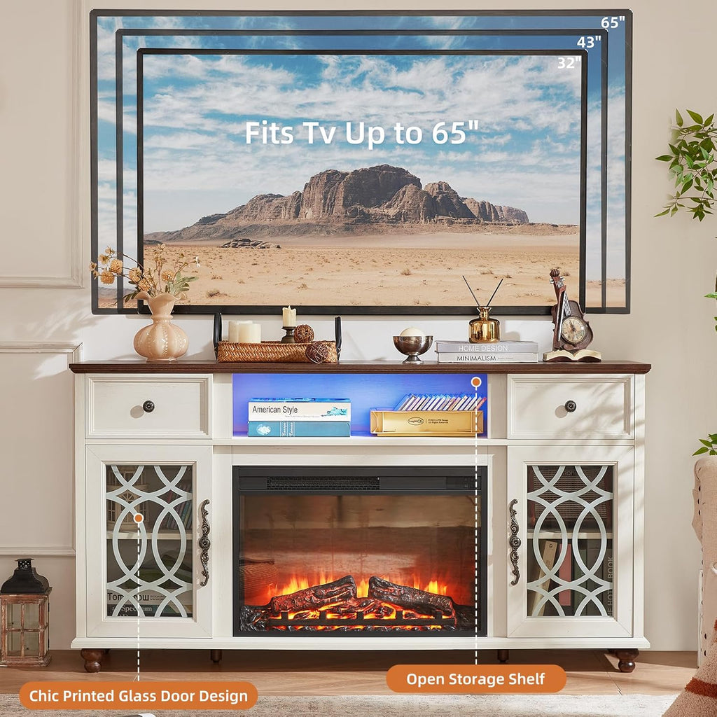 Farmhouse White Fireplace TV Stand, 59" Entertainment Center with Electric Fireplace & LED Lights for TVs up to 65'', Glass Door Fire Place TV Stands for Living Room, Media Console w/Drawers