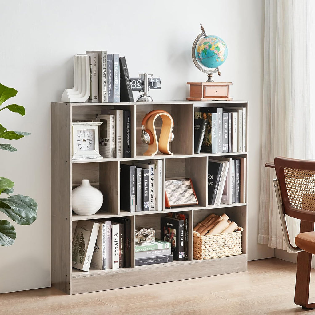 0 Cube Bookshelf with Base,3 Tier Mid-Century Modern Grey Bookcase,Standing Wide Bookshelves Storage Organizer Shelf,Rustic Wood Display Cabinet Book Shelves for Bedroom,Living Room,Office