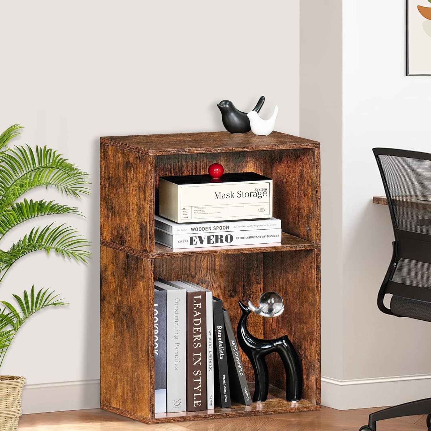 2 Cube Bookshelf,Brown Record Player Stand Holds up to 100 Albums, Mini Wood Book Shelf Storage Organizer,Turntable Stand with Vinyl Storage Cabinet, Narrow Open Bookcase for Small Spaces