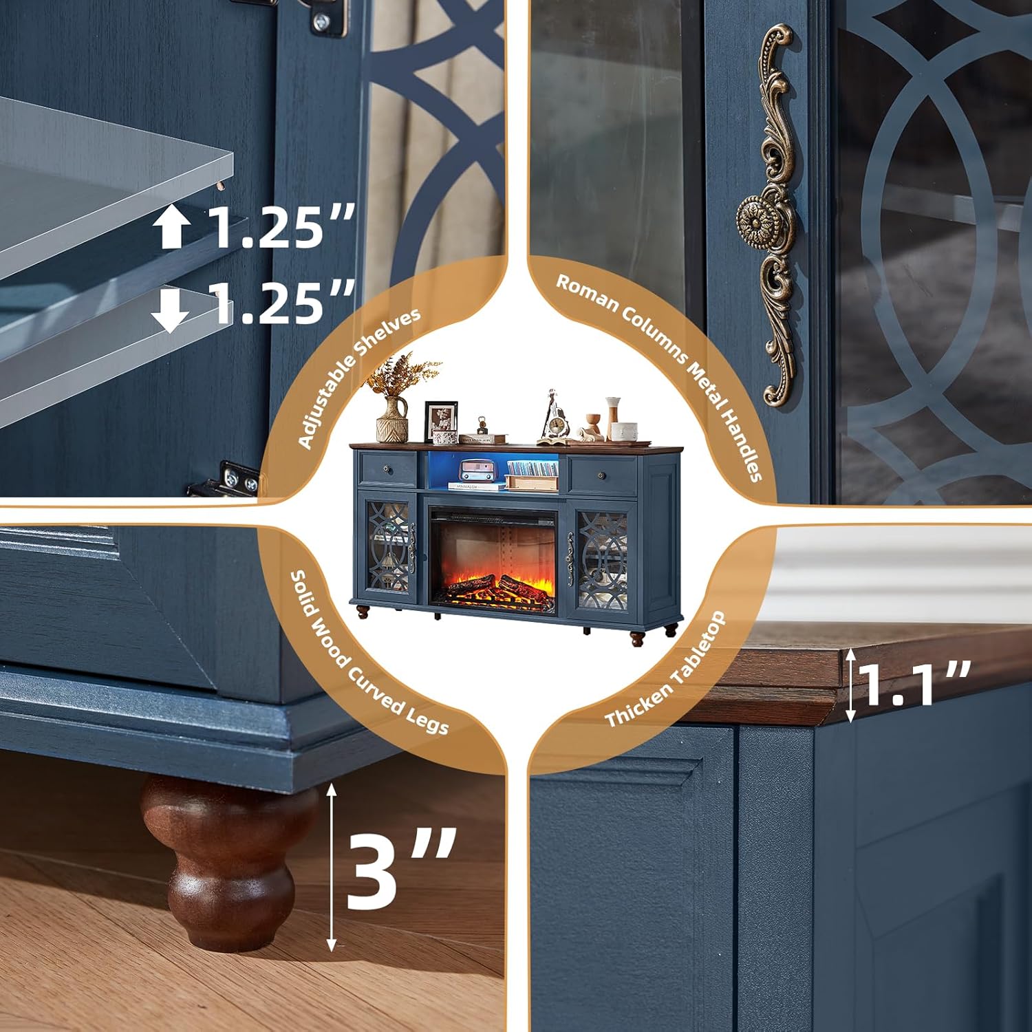 Farmhouse Fireplace TV Stand, 59" Entertainment Center with Electric Fireplace & LED Lights for TVs up to 65'', Glass Door Fire Place TV Stands for Living Room, Media Console w/Drawers, Blue