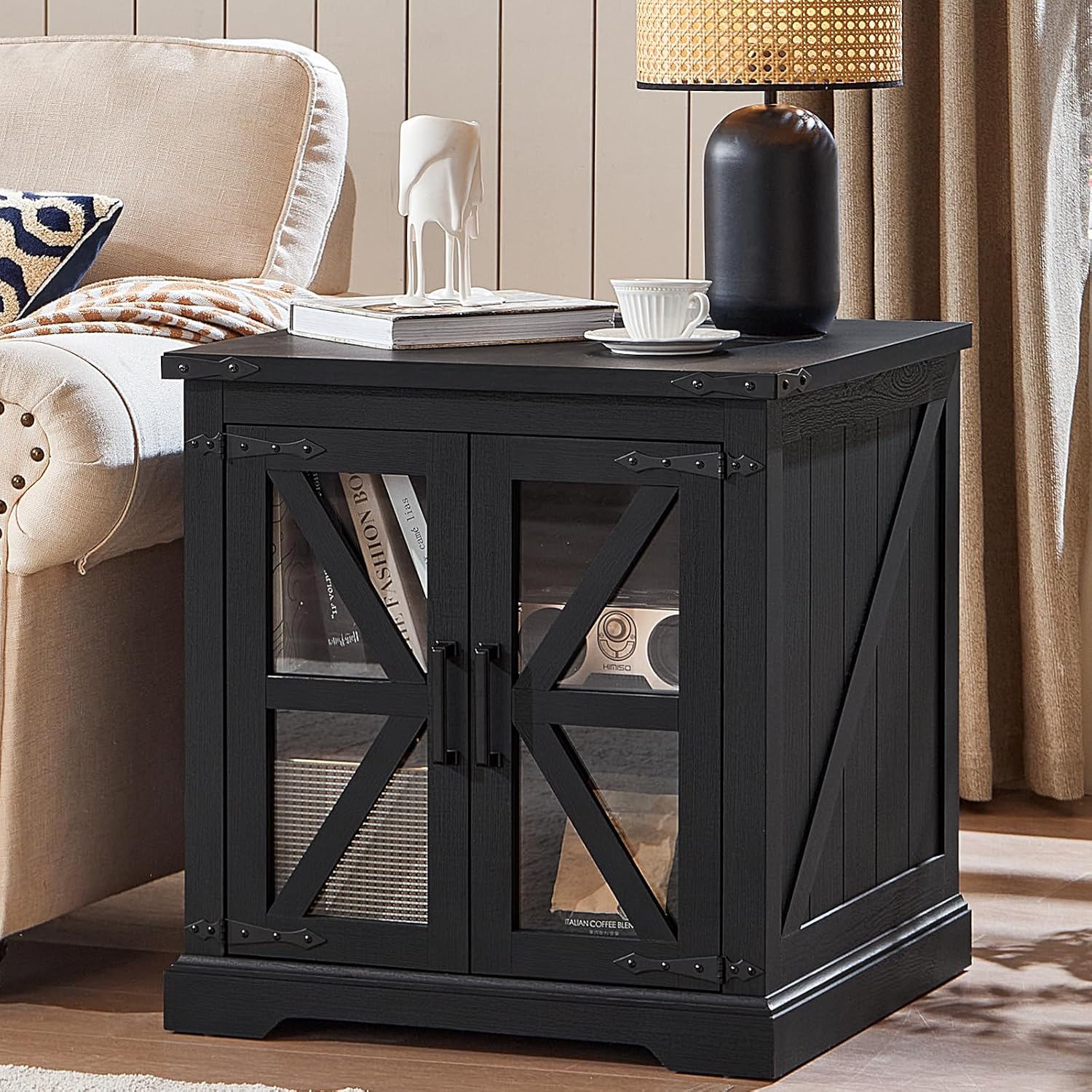 24" End Table with Charging Station, Farmhouse Night Stand with Glass Barn Door, White Nightstands with Adjustable Storage Shelf, Large Wood Square Bed Side Table for Living Room,Bedroom
